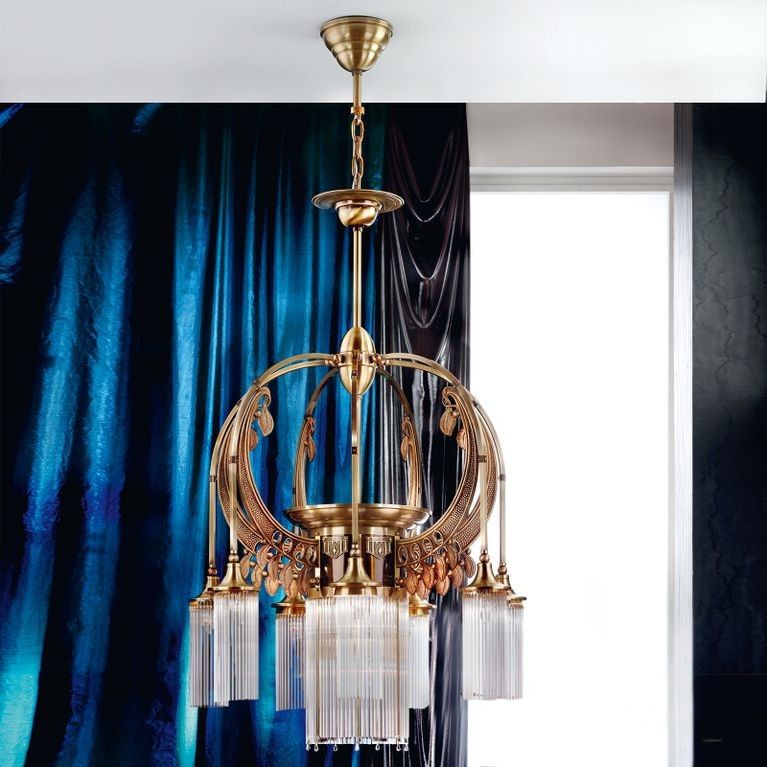 Chandelier ADELE, 8-lamps, old brass, with glass rods