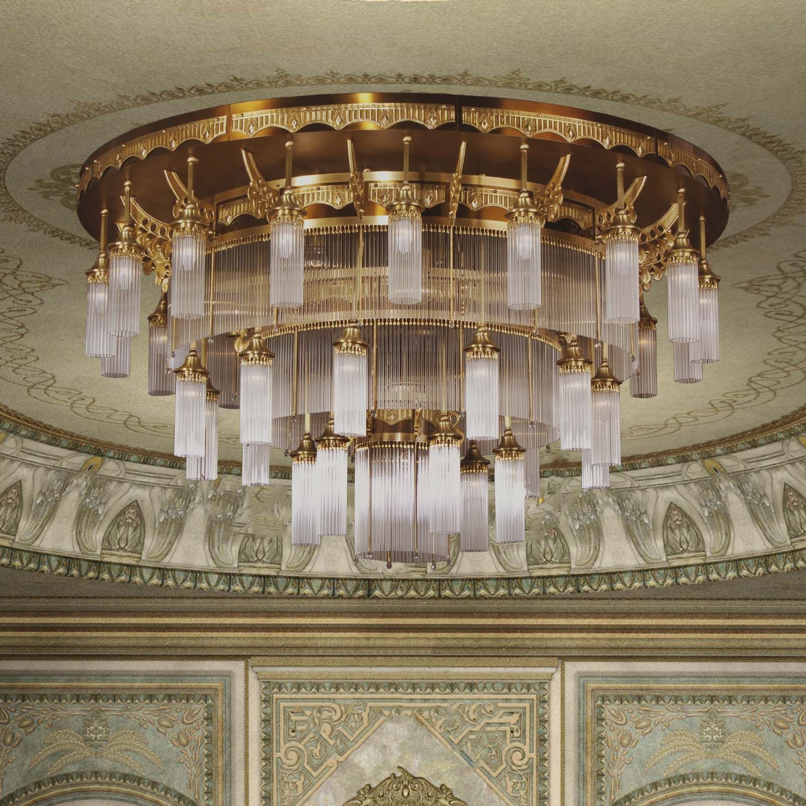 Ceiling chandelier ADELE, 37-flames, antique brass, with glass rods