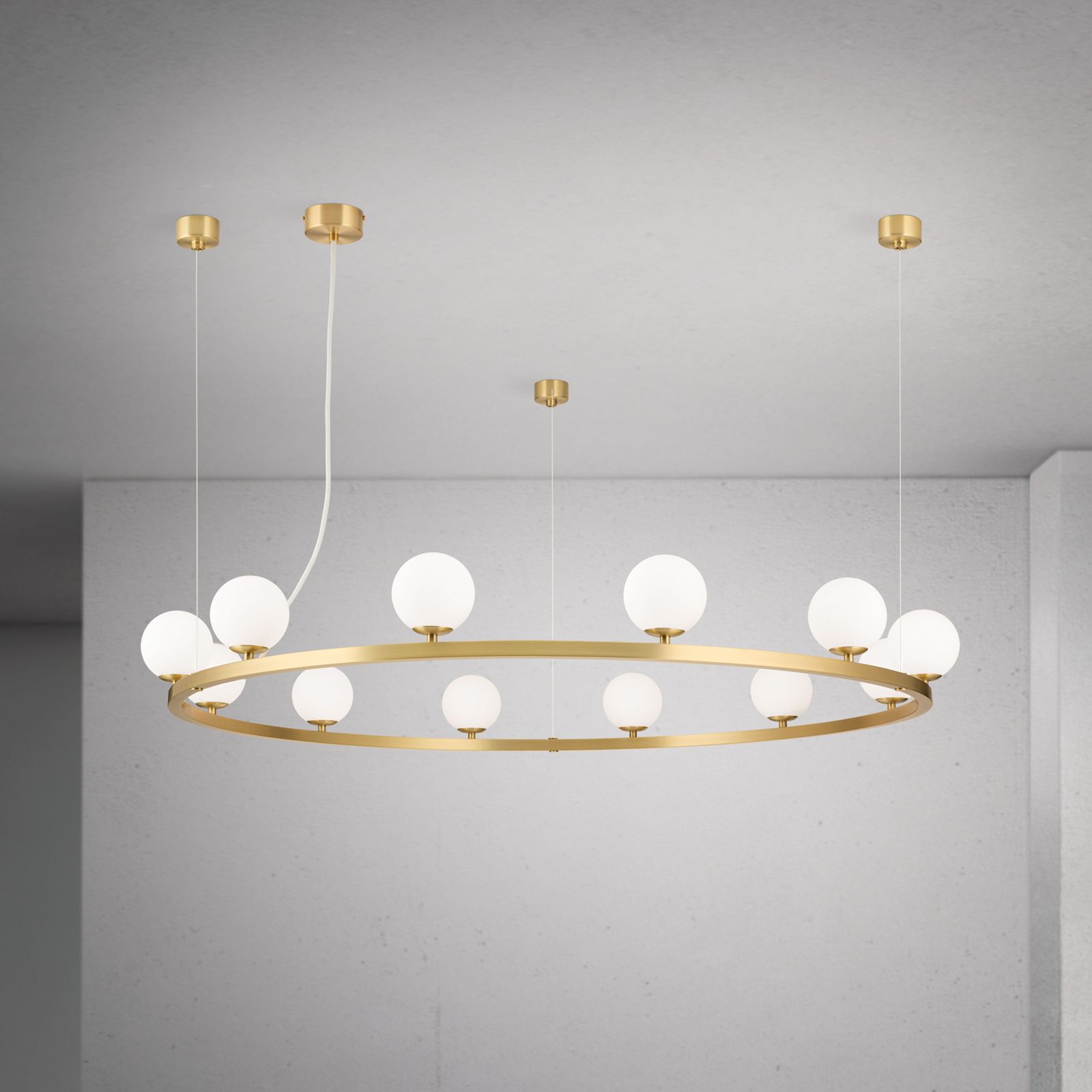 Pendant light TUMBLER, Ø 120cm, upwards-facing opal matt glass, brass matt