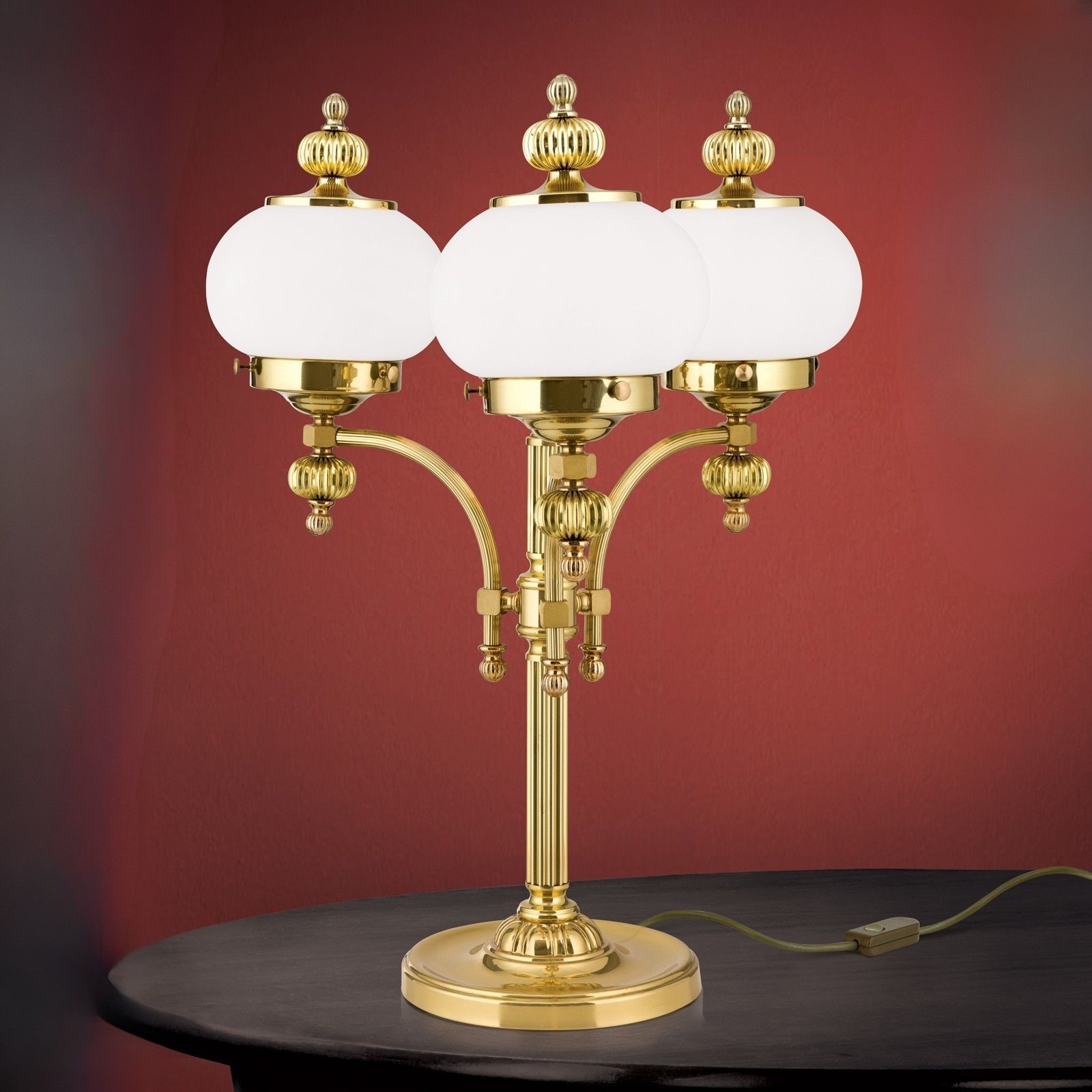 Table lamp WIENER NOSTALGIE, 3-flames, shiny brass, with opal matt glass