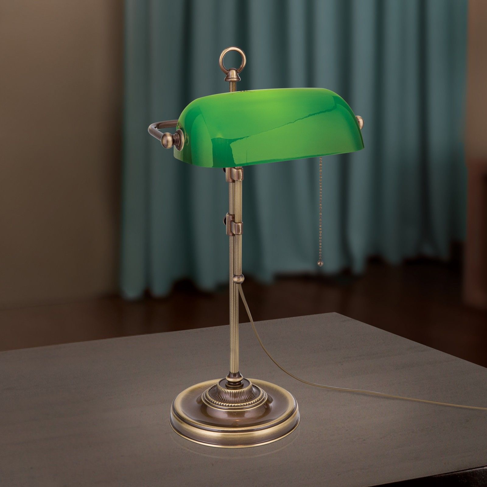 Bankerslamp HARVARD, Patina mit grünem Glasschirm, 53cm