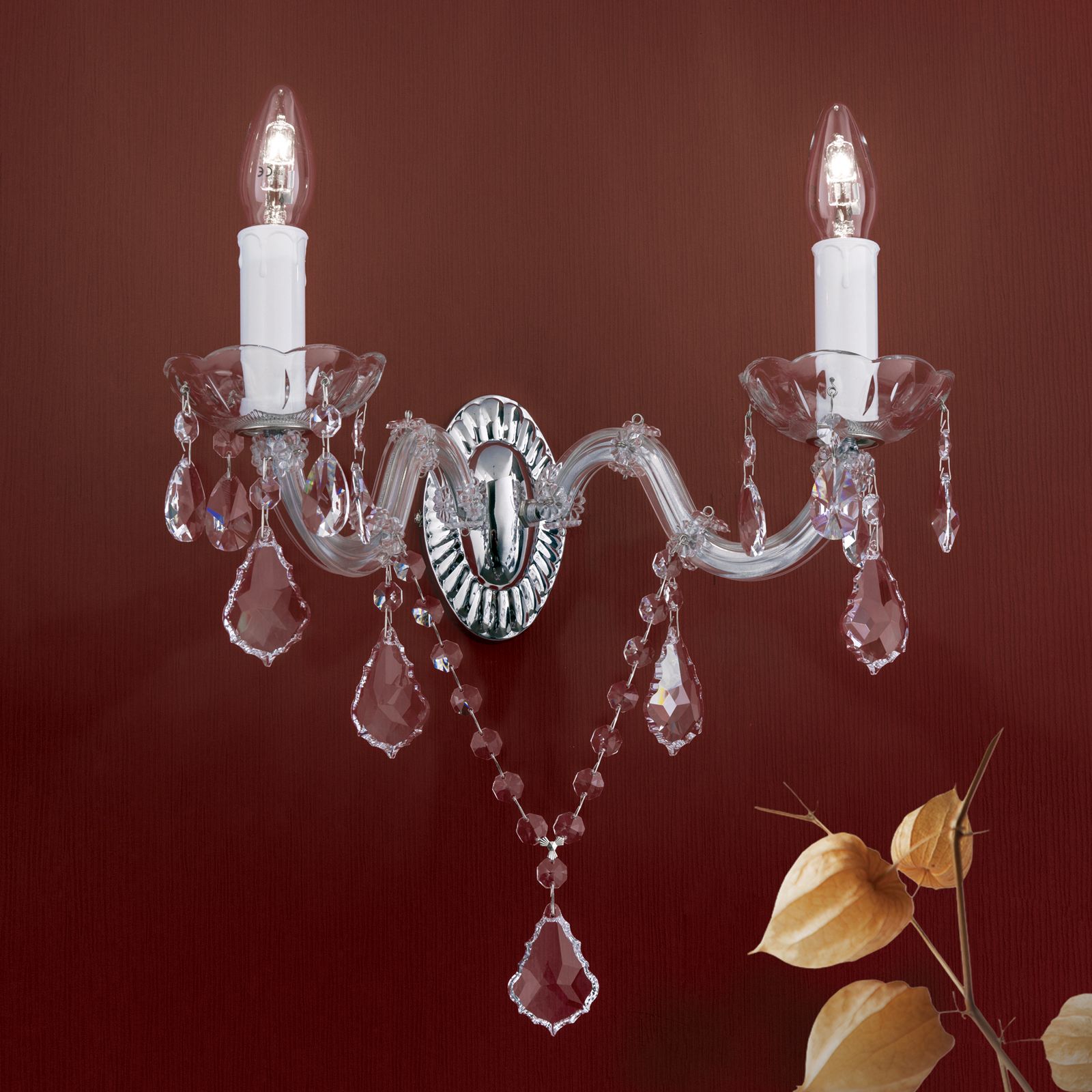 Nástěnné svítidlo THERESA, 2-žárovkové, stříbrné, s krystaly Asfour