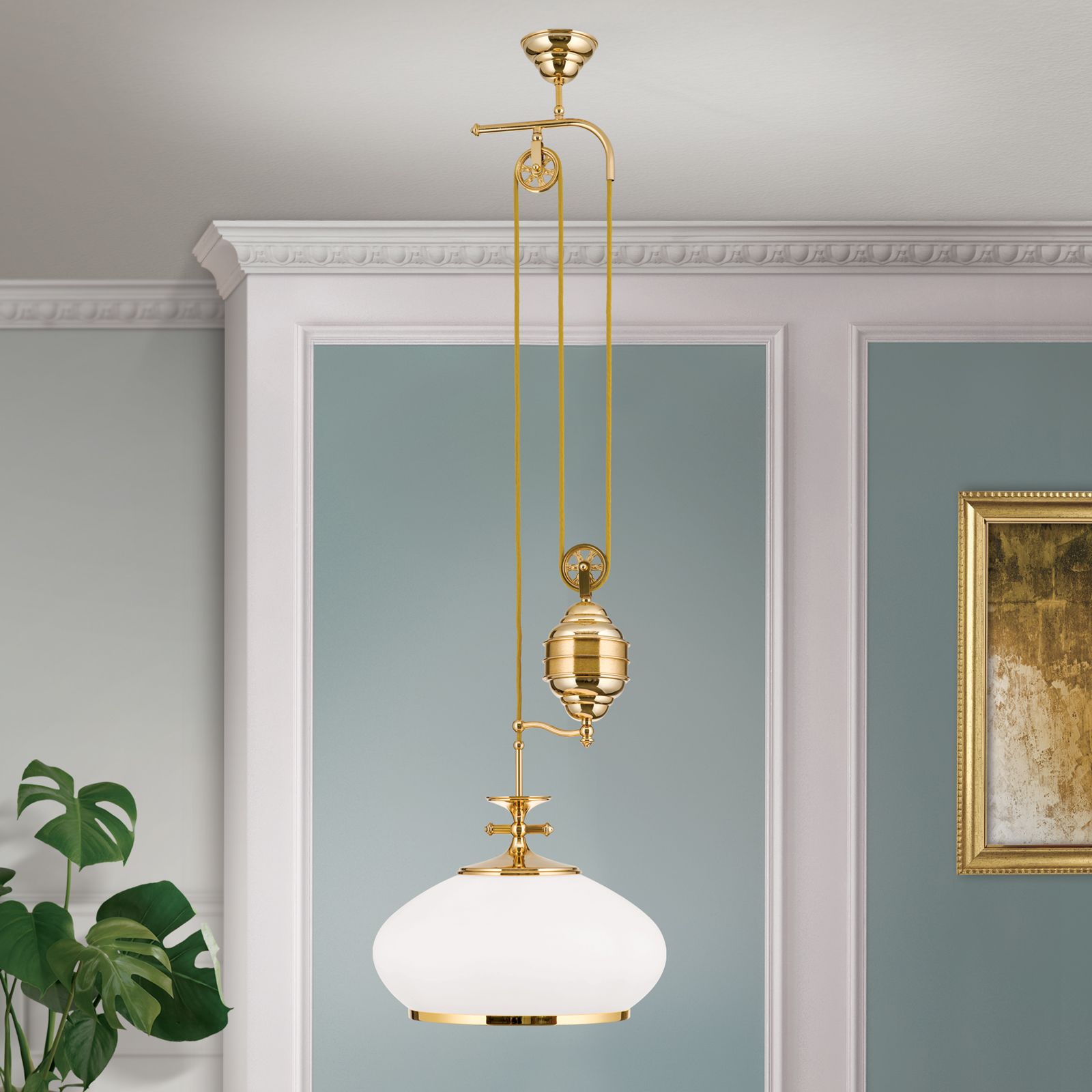 Pendant lamp EMPIRE, gold, 40cm, with pulley