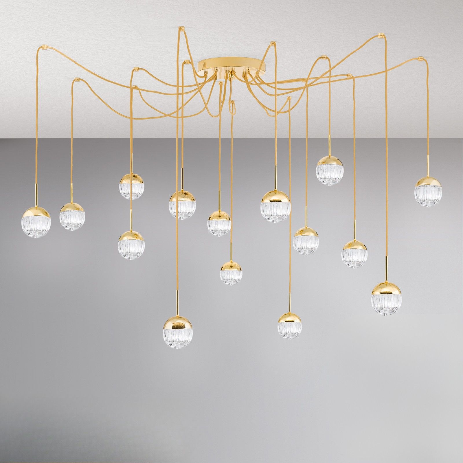 BALL Cluster, 15-flammig, gold, mit klaren Kristallgläsern in Linienschliff