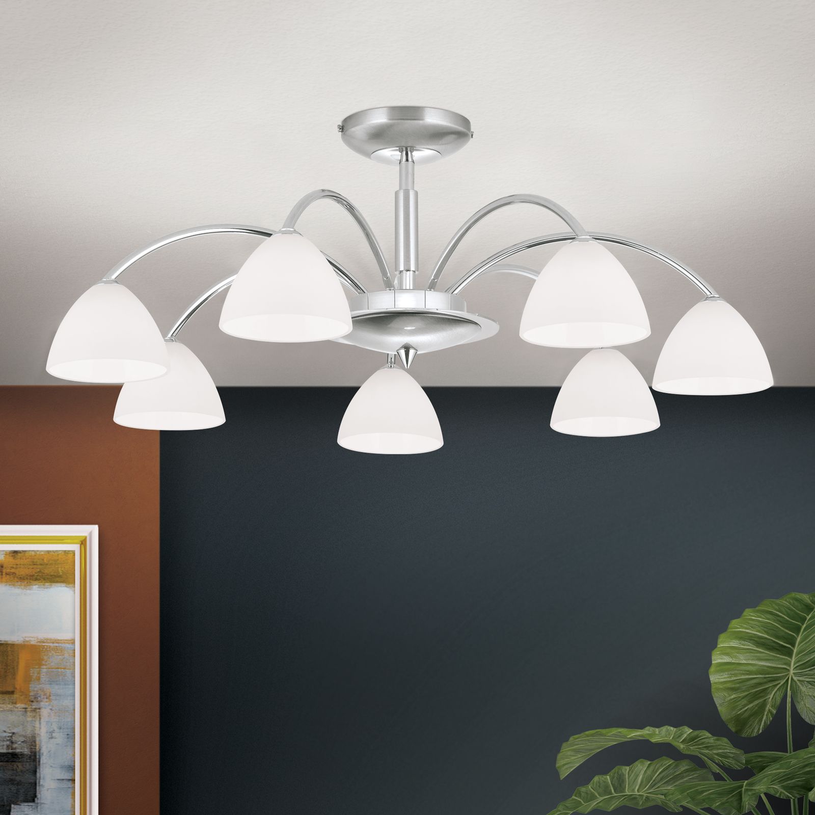 OPALDESIGN ceiling light, 7 lamps, satin chrome with opal glasses