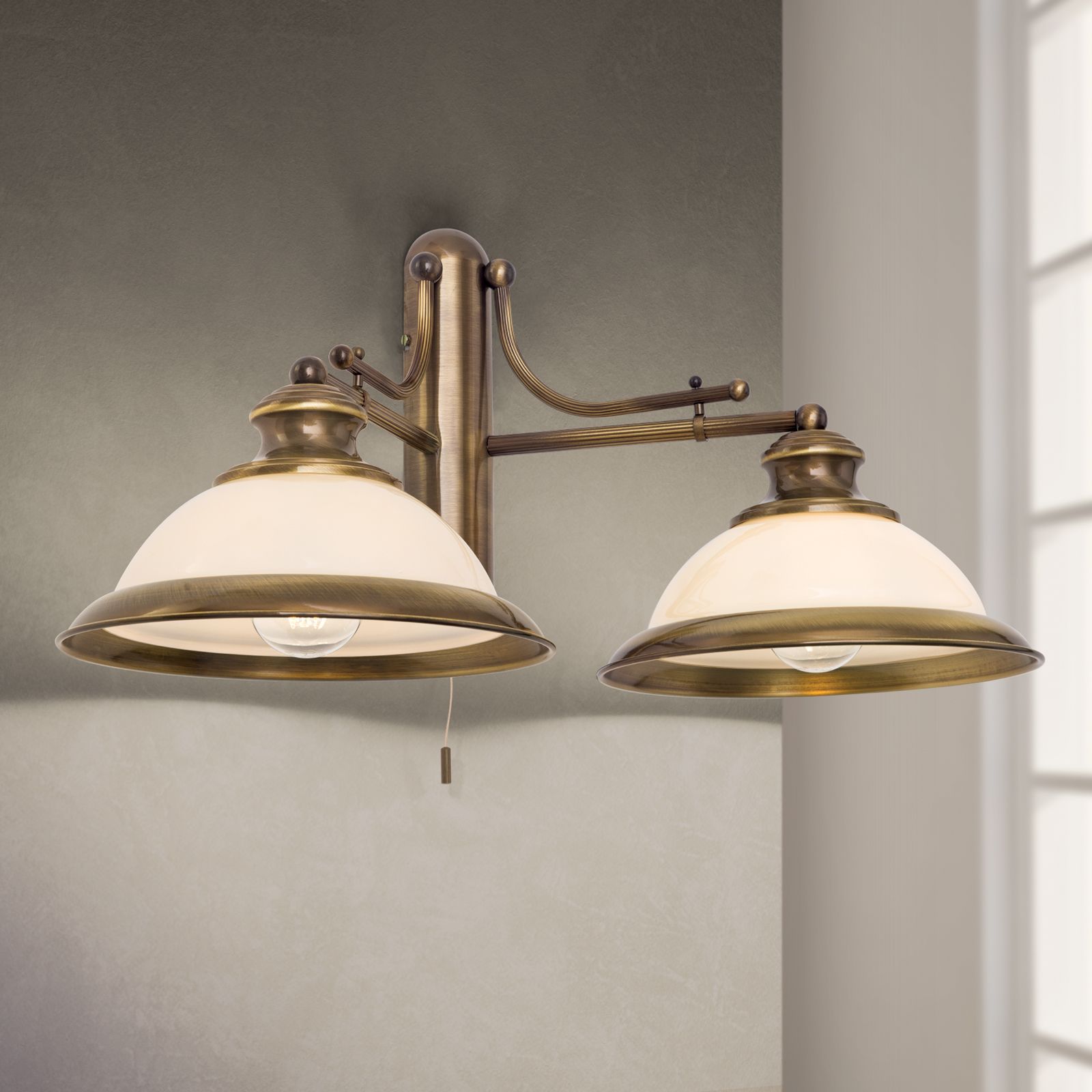 Wall Light AUSTRIAN OLD LAMP, Antique Brass finish with 2 champagne glass shades