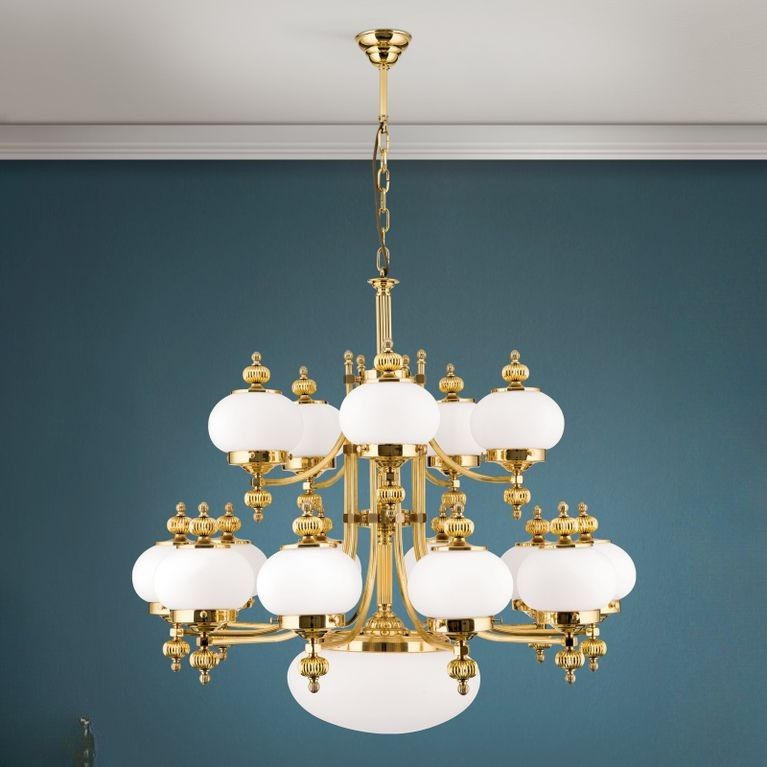 Chandelier WIENER NOSTALGIE, 16-flames, shiny brass, with opal matt glass, upwards