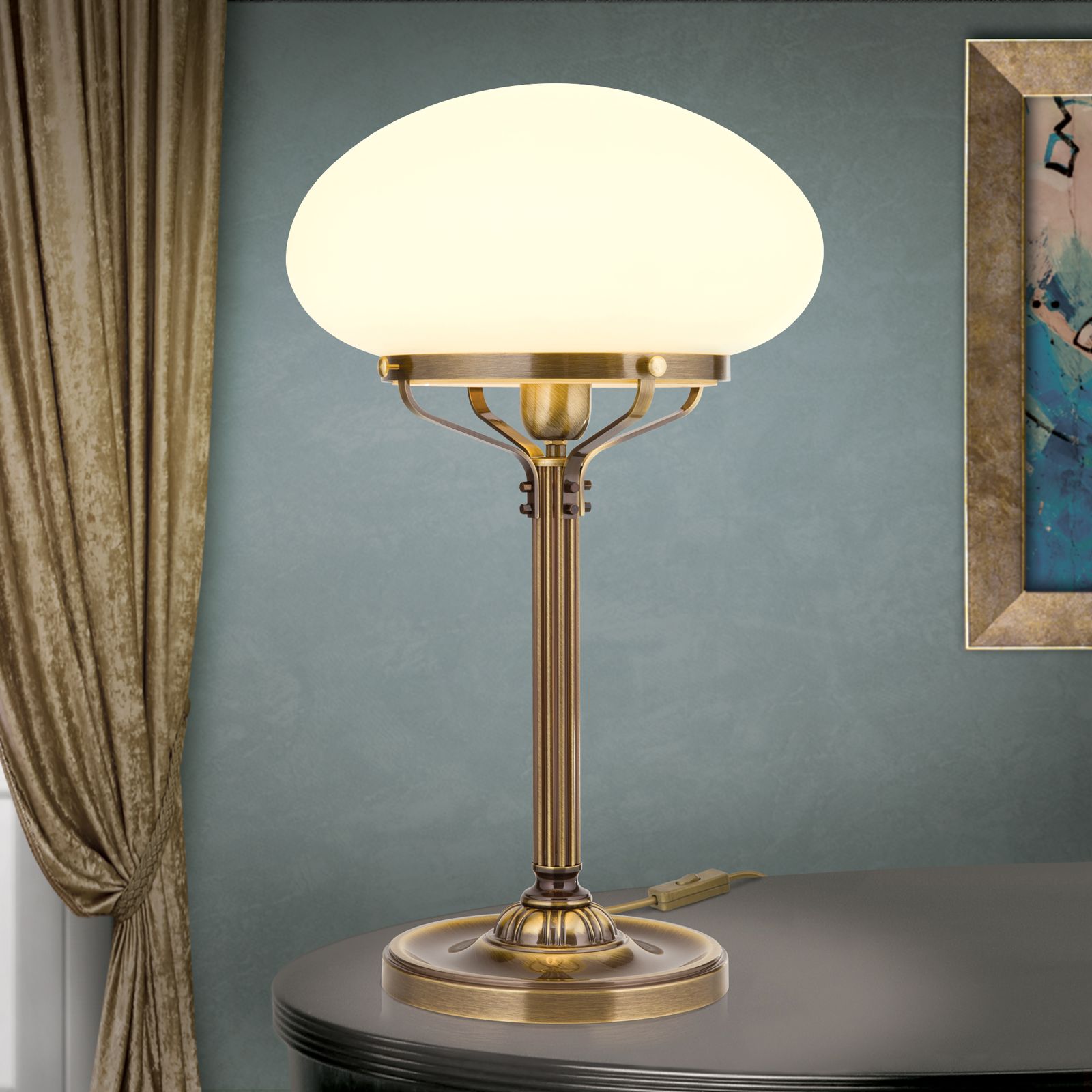 Tischlampe WIENER NOSTALGIE, Patina, mit champagne mattem Glas, H62cm