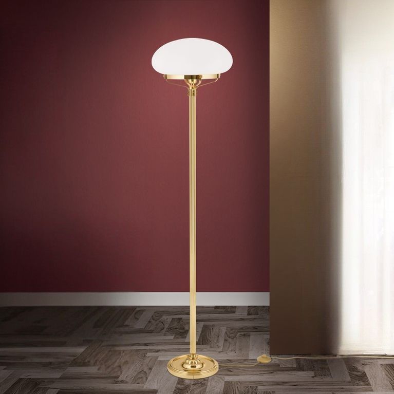 Stehlampe WIENER NOSTALGIE, Messing-glänzend, mit opal mattem Glas