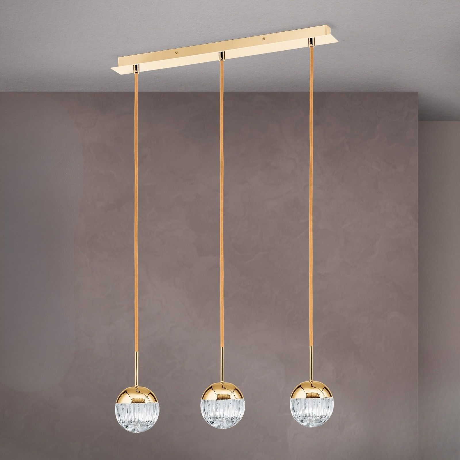BALL pendant light, 3 lamps, 24K gold plated with clear crystal glasses with handmade line cut