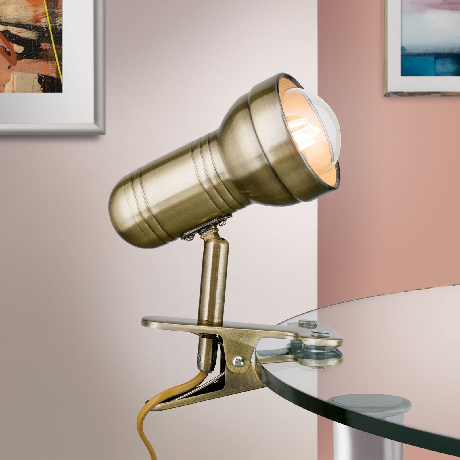 Clamp-on spotlight WILHELM, antique brass finish, short