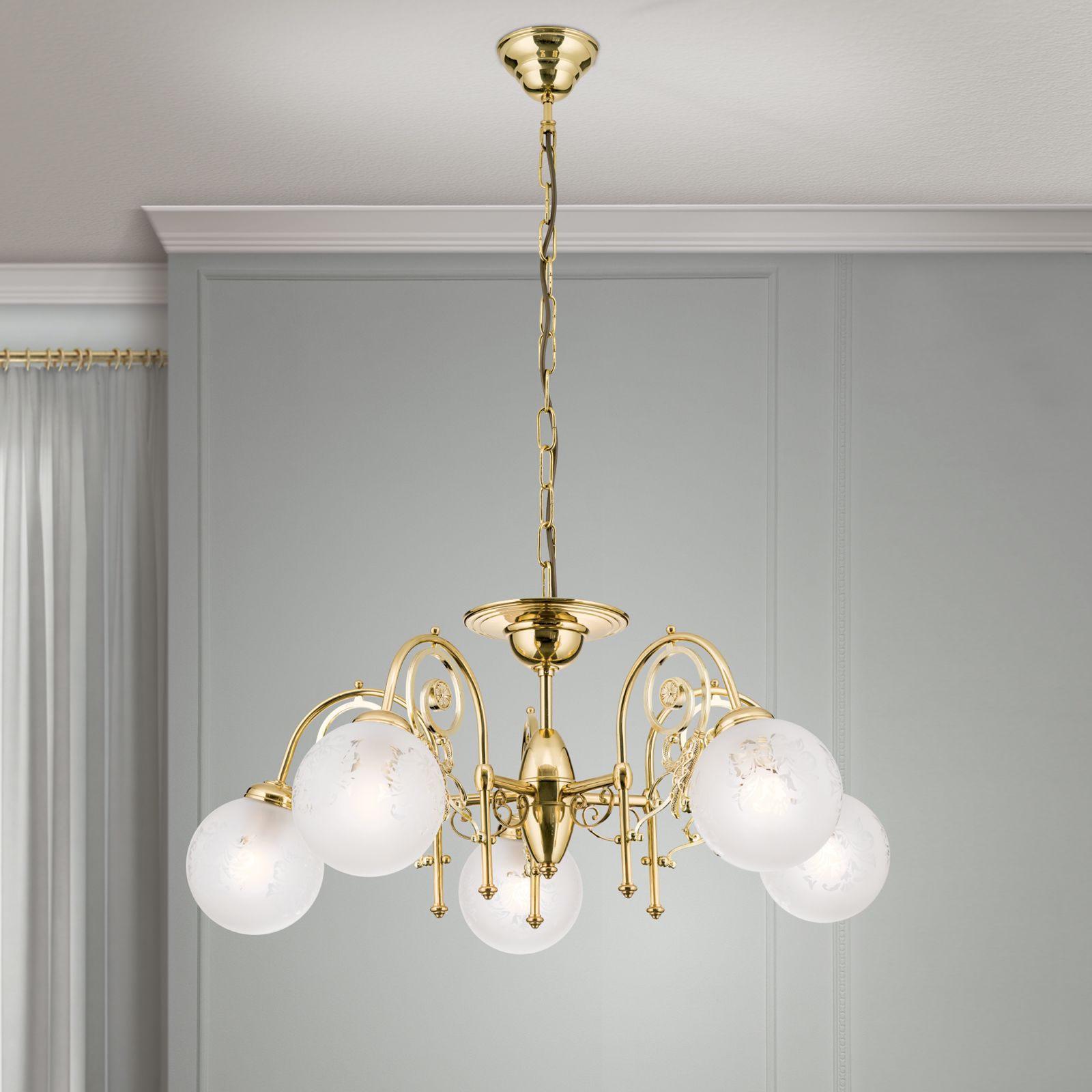 Chandelier RINGSTRASSE, 5-lamps, brilliant brass, with transparent matt glasses