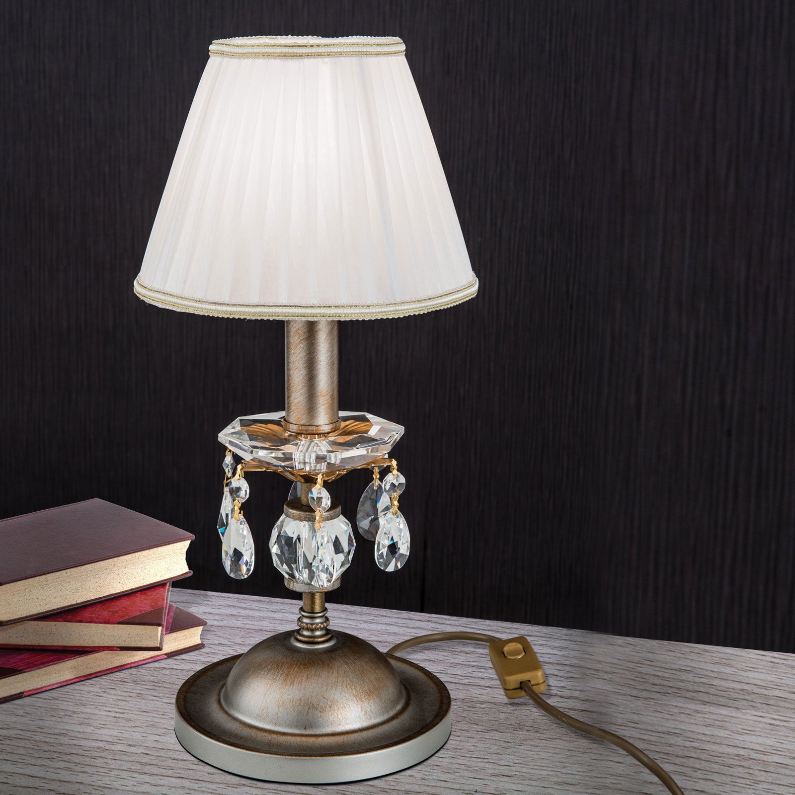 Tischlampe MIRAMARE, silbergold, 1-flammig, mit organza weißem Schirm