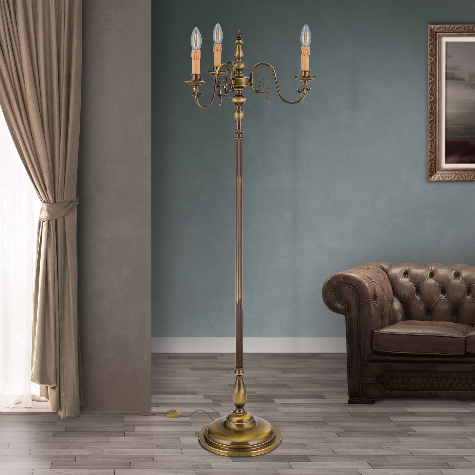 Flemish style floor lamp, 3 lampholders, Antique Brass finish