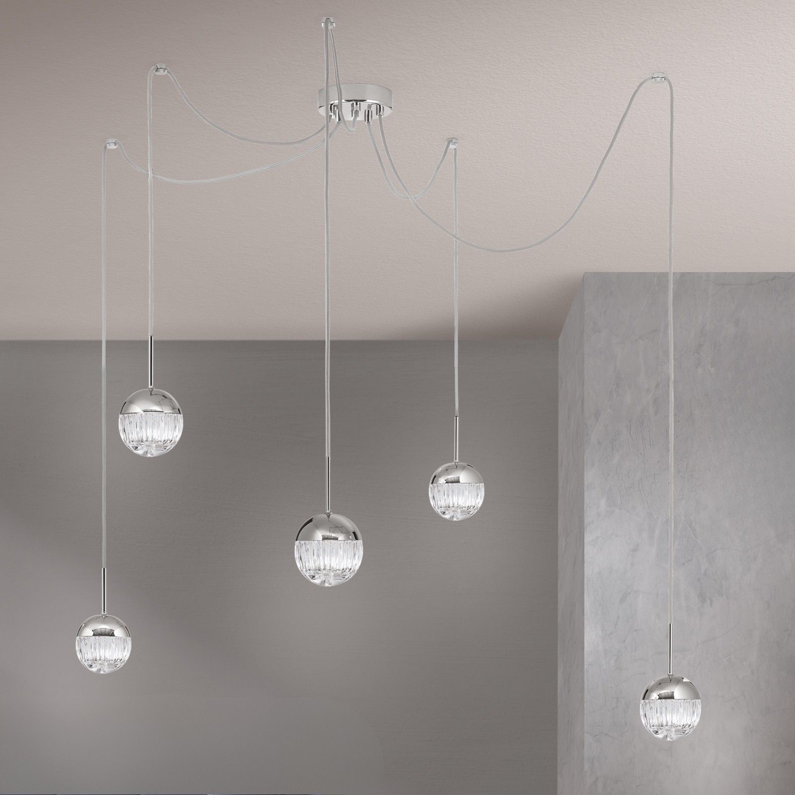 BALL Cluster, 5-flammig, nickel, mit klaren Kristallgläsern in Linienschliff