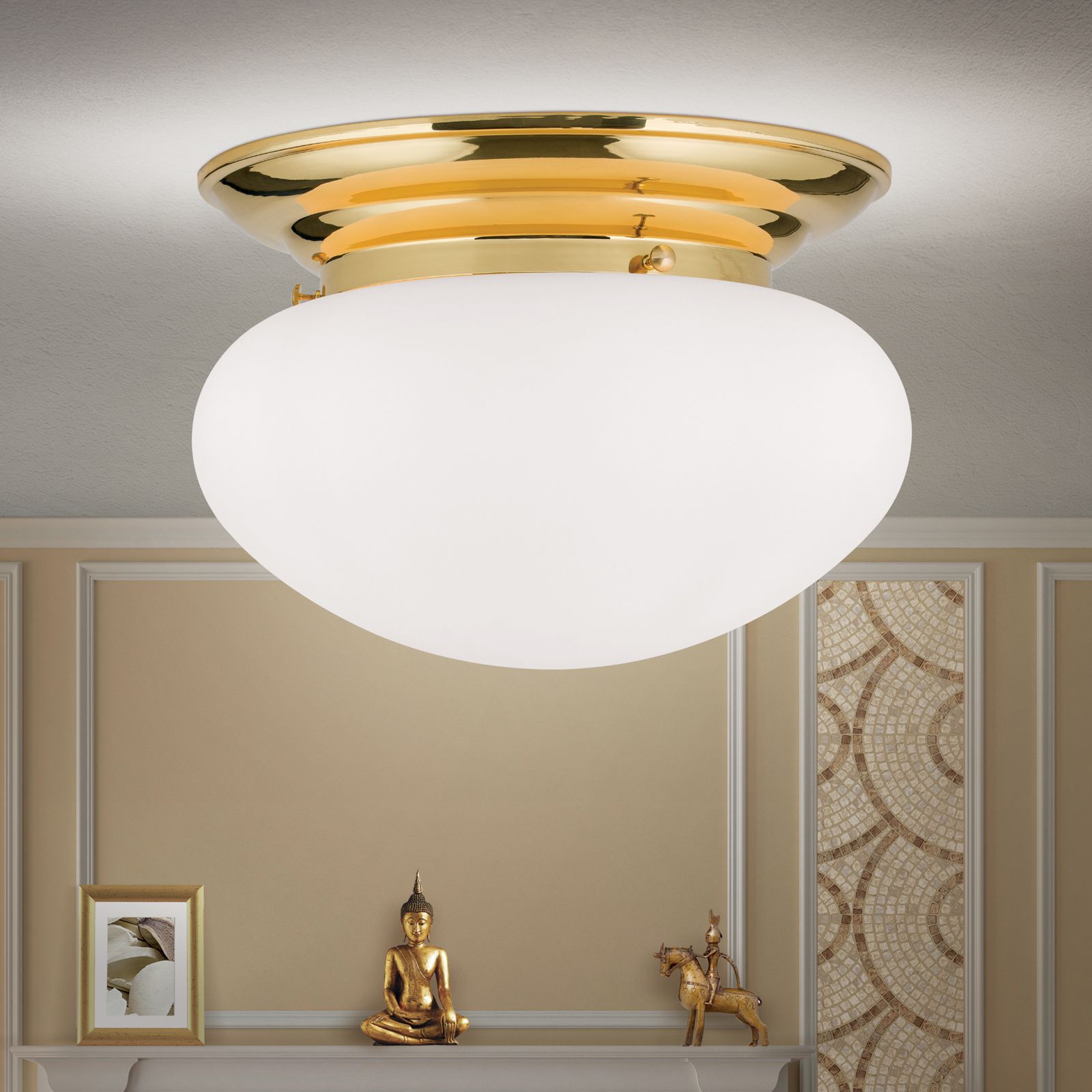 Ceiling light WIENER NOSTALGIE, shiny brass, with opal matt glass, 33cm
