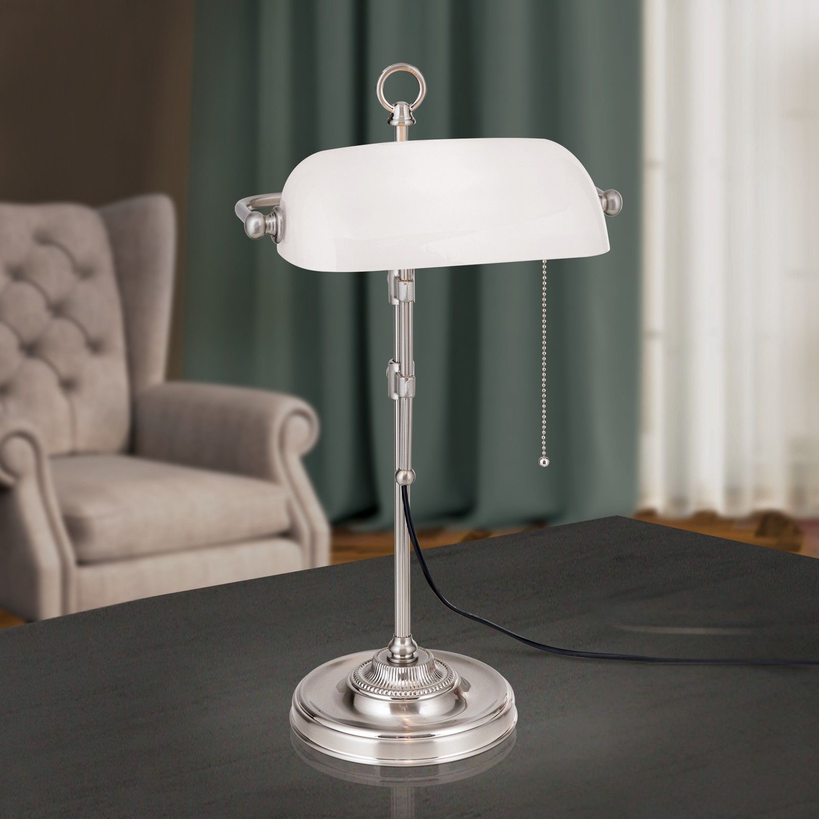 Bankers lamp HARVARD, satin with opal white glass shade, 53cm