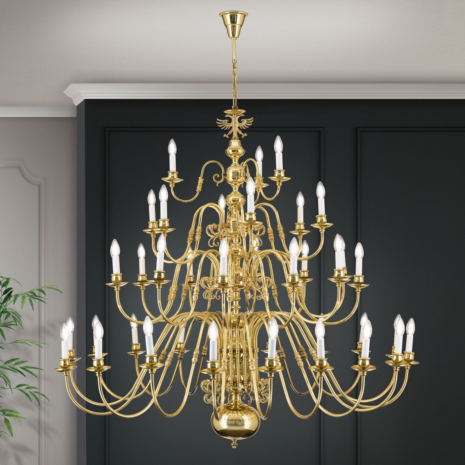 Chandelier FLÄMISCH, 18+12+6+3 flames, shiny brass, with eagle