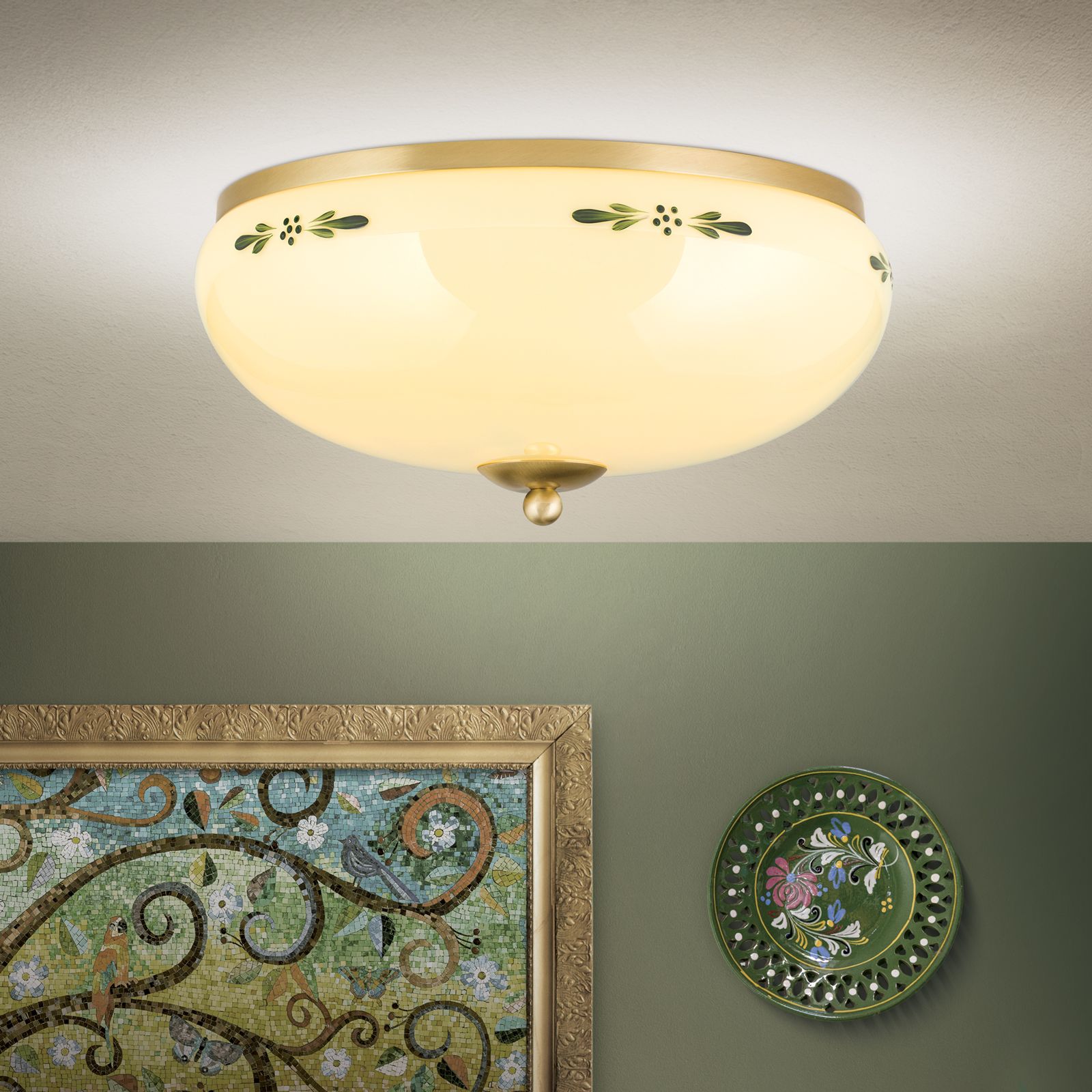 Deckenleuchte LANDHAUS, Messing, mit grünem Dekor, mit Knopf, Ø 35cm