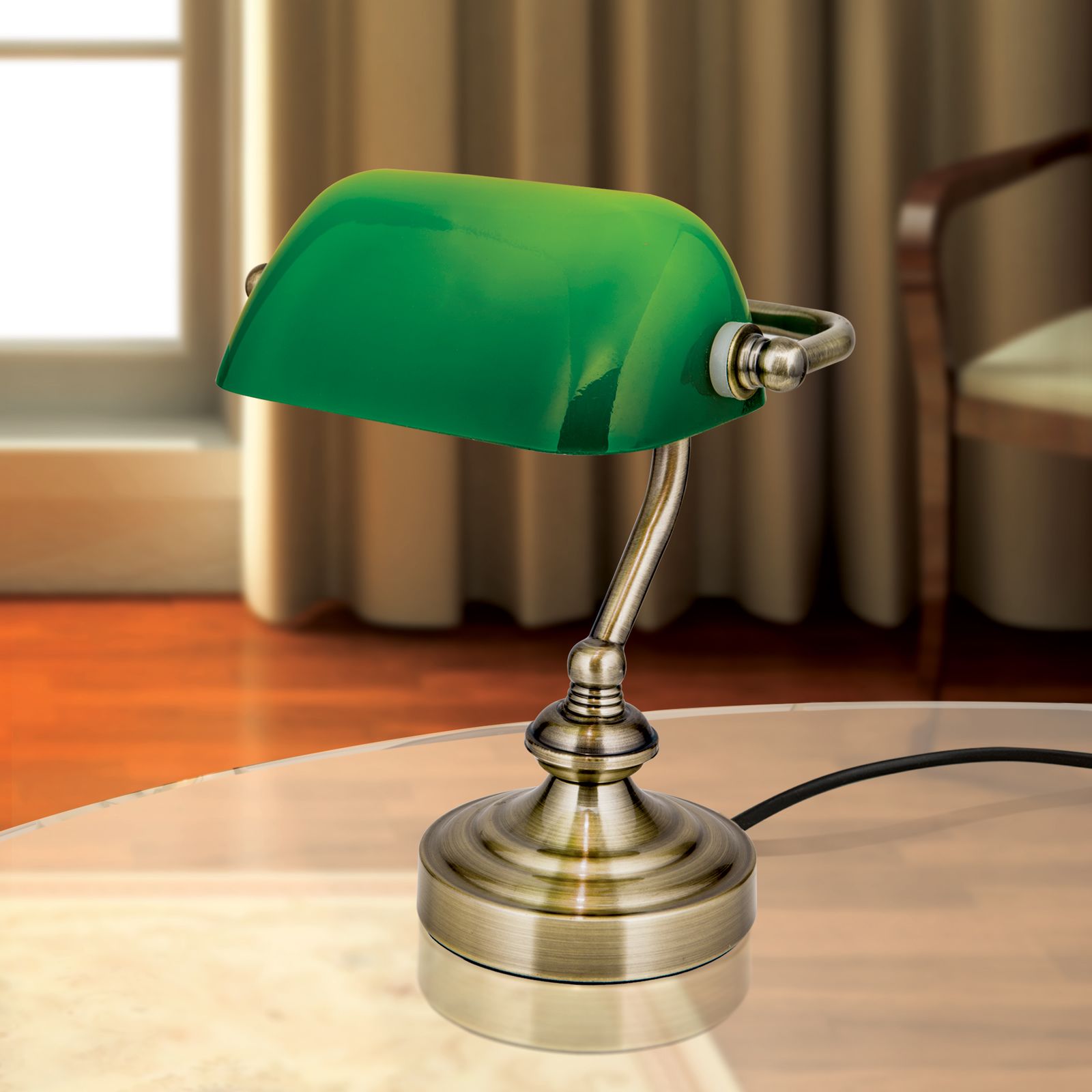 Kleine BANKERSLAMP, patina, mit grünem Glas