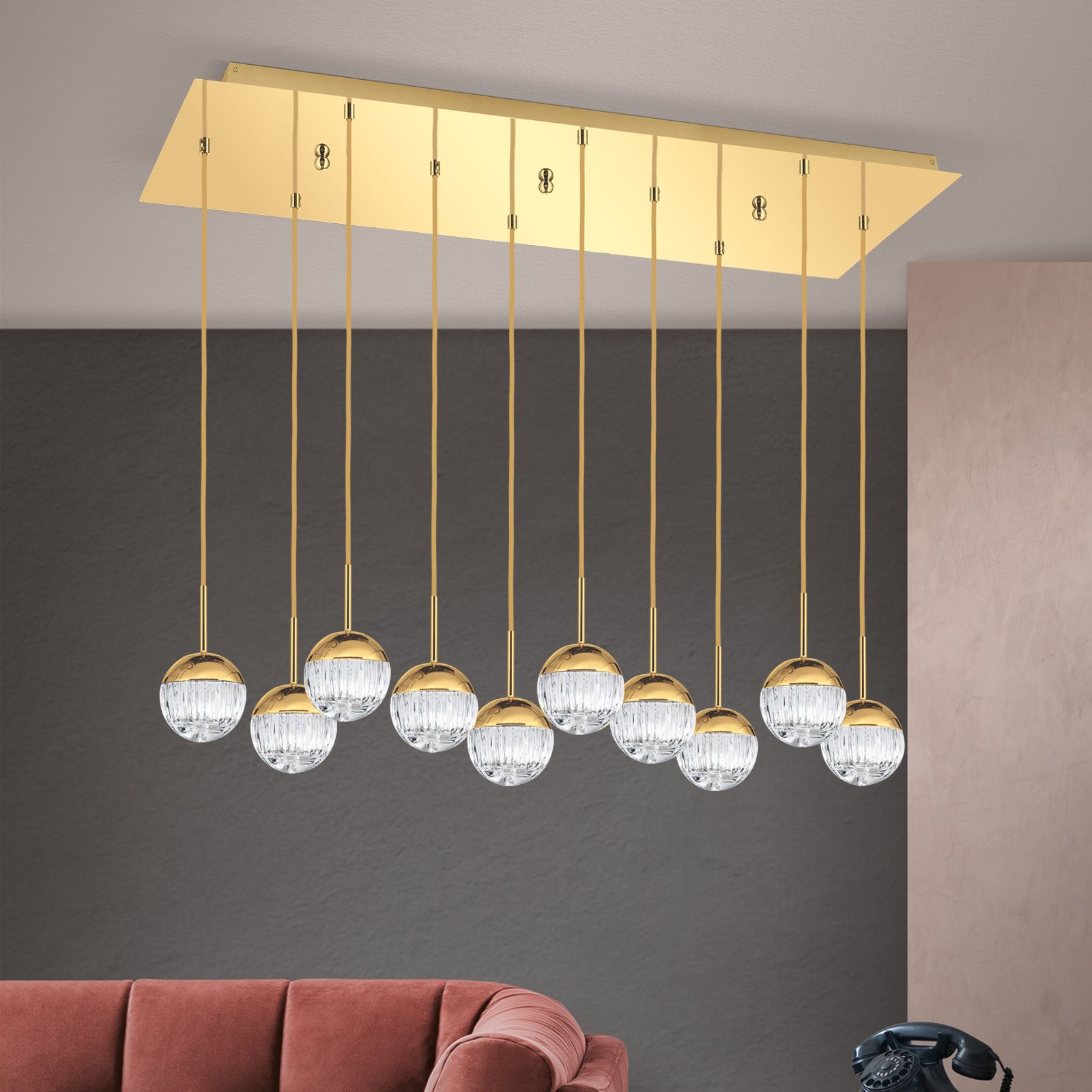 BALL pendant light, 10 lamps, 24K gold plated with clear crystal glasses with handmade line cut
