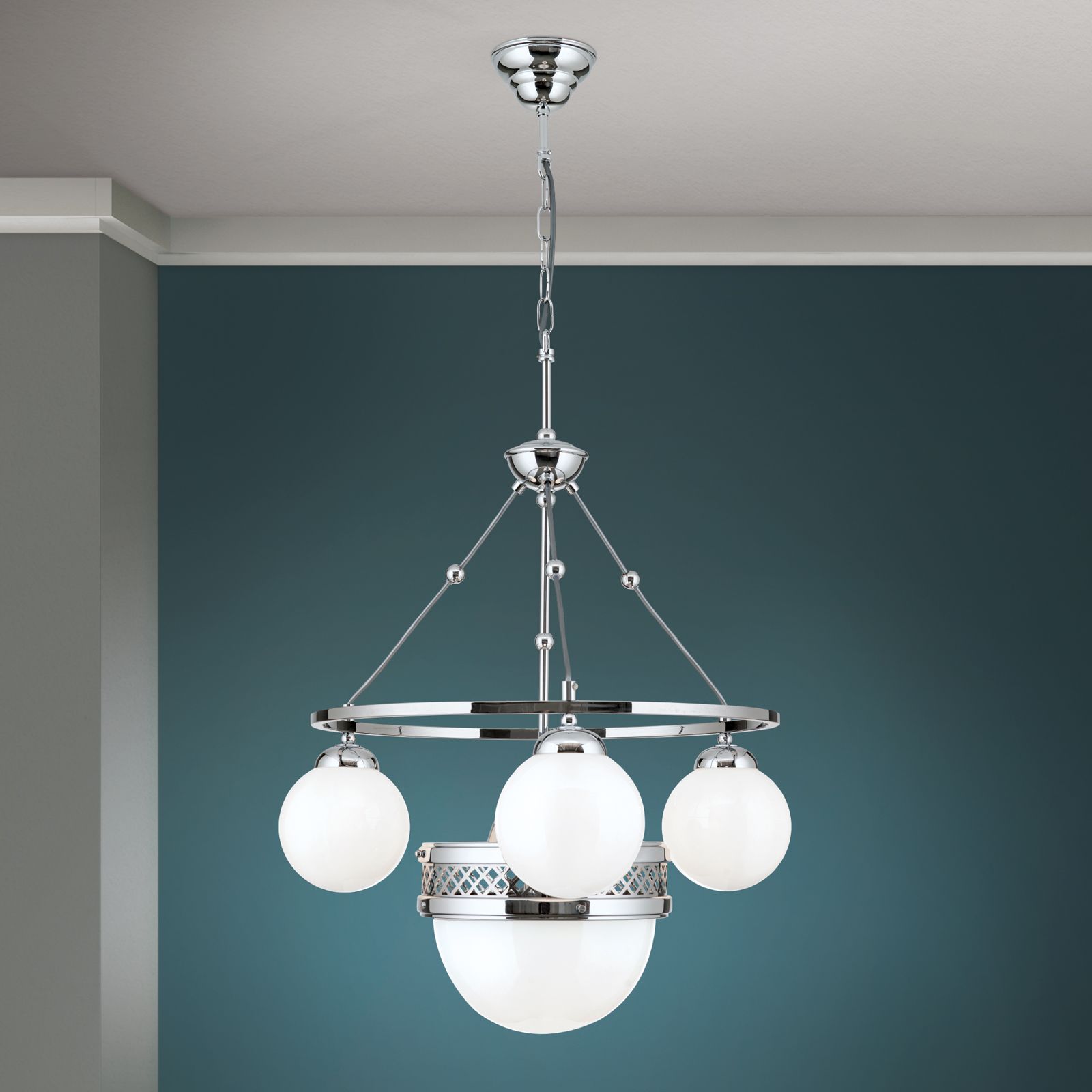 Pendelleuchte ALT WIEN, 3+1-flammig, Nickel, mit opal glänzenden Gläsern