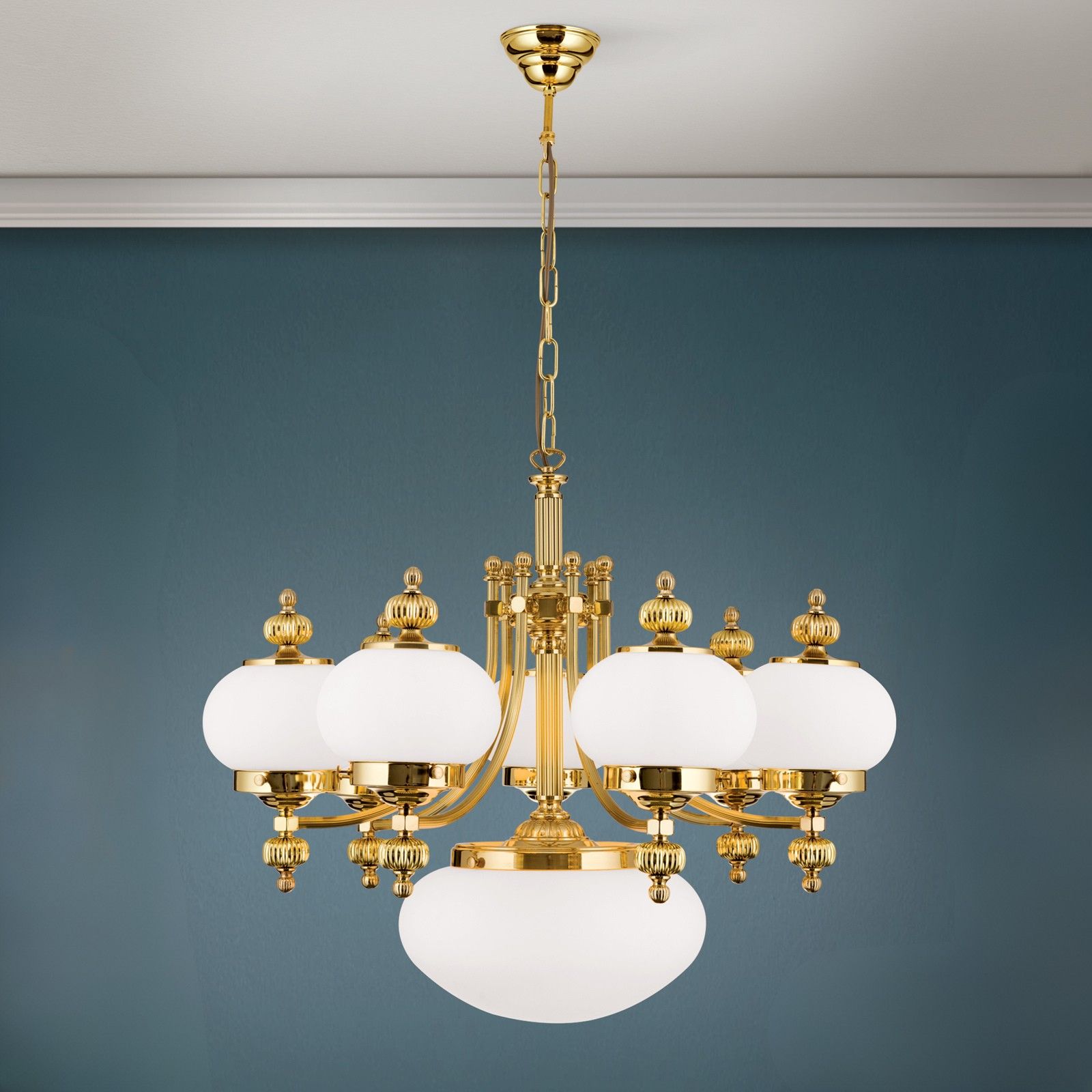 Chandelier WIENER NOSTALGIE, 7+1-flamps, shiny brass, with opal matt glass, upwards