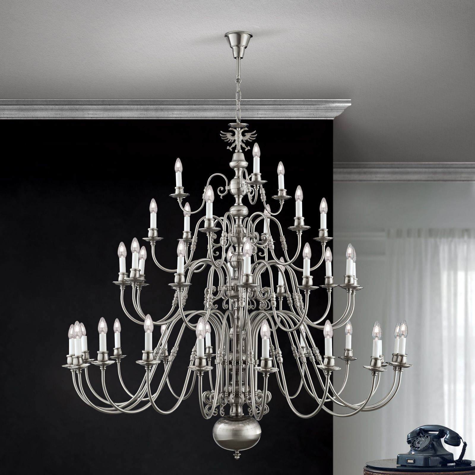 Classic chandelier FLÄMISCH, 18+12+6+3 lamps, satin chrome finish