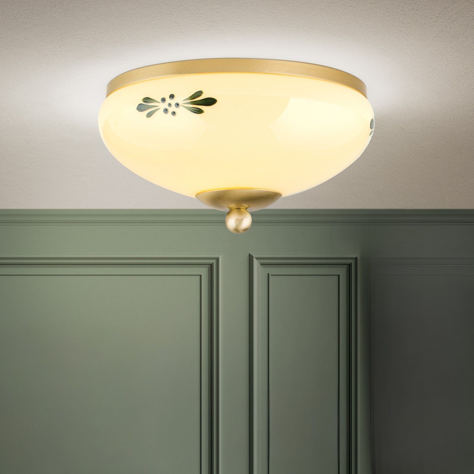 Stropní svítidlo LANDHAUS, mosaz, se zeleným dekorem, s knoflíkem, Ø 21cm