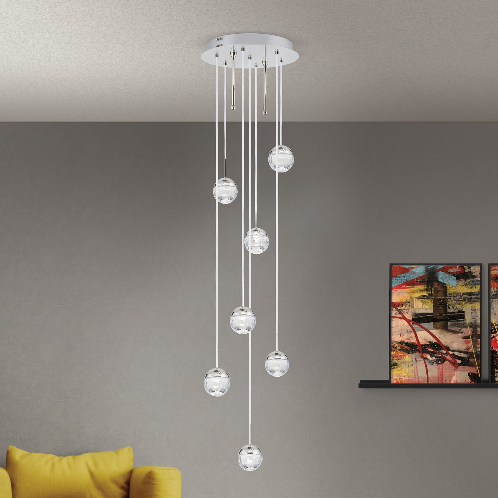 Ceiling chandelier BALL, Ø 40cm, nickel, with white textile cable and clear cut crystal glass