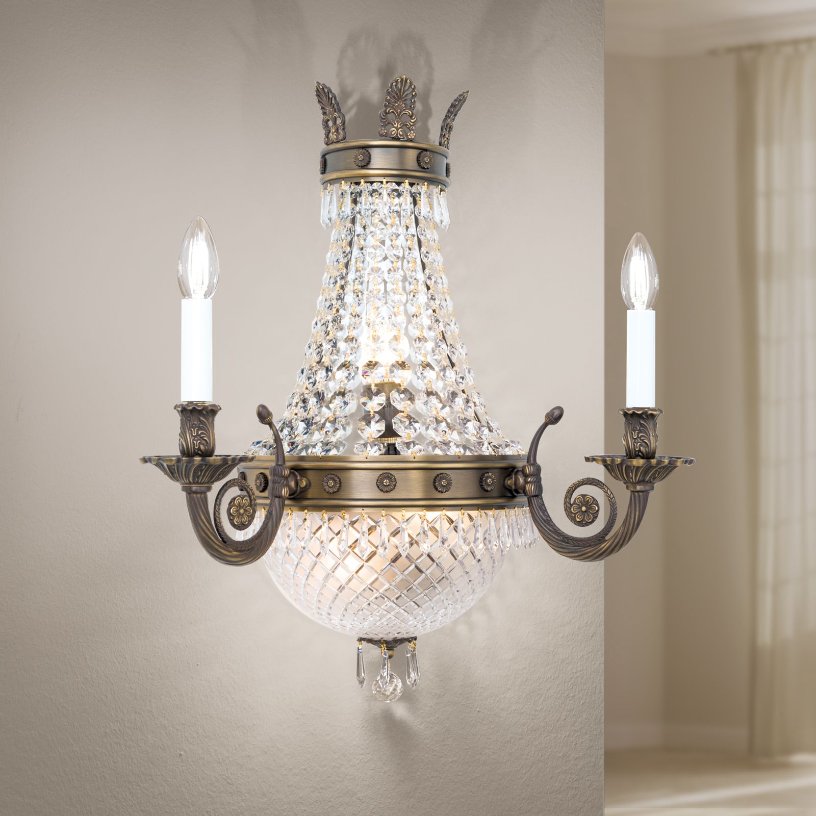 Wall arm light EMPIRE CRYSTAL, 5-flames, antique brass finish