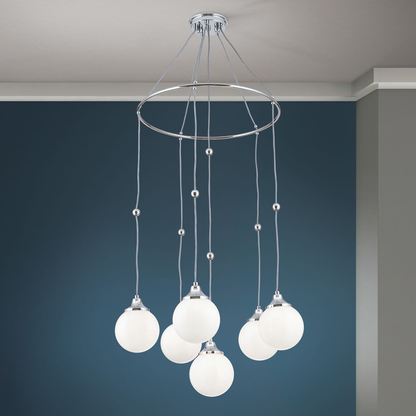 Pendant ALT WIEN with 6 shiny opal glasses, Surface Shiny nickel