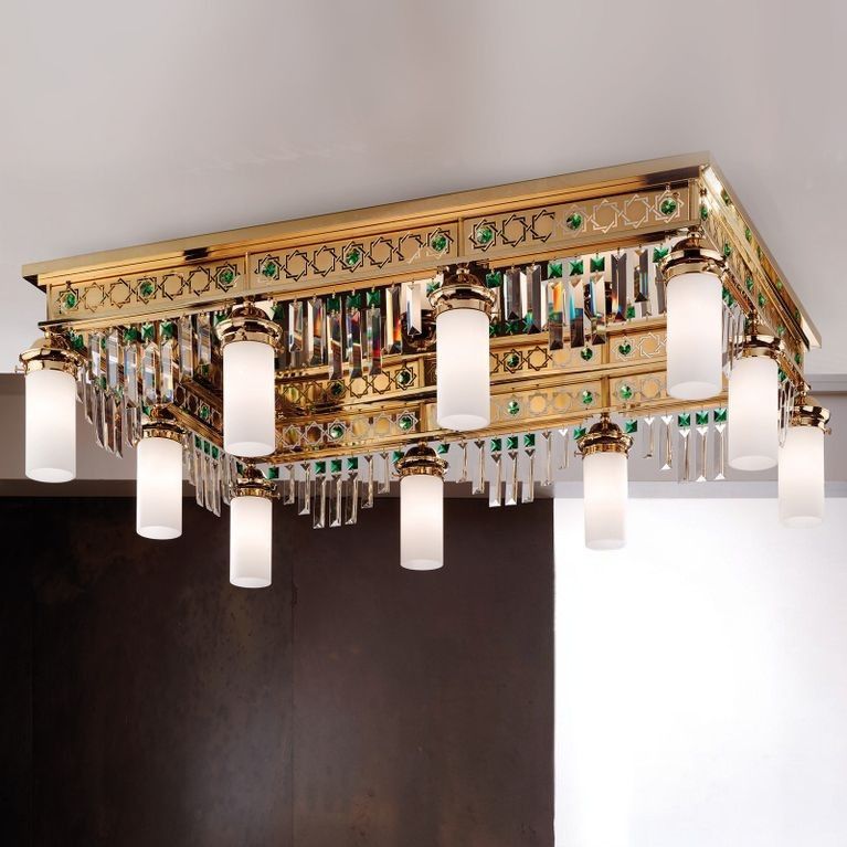 Deckenluster ORIONtal, 10-flammig, Gold, mit grünen Kristallprismen