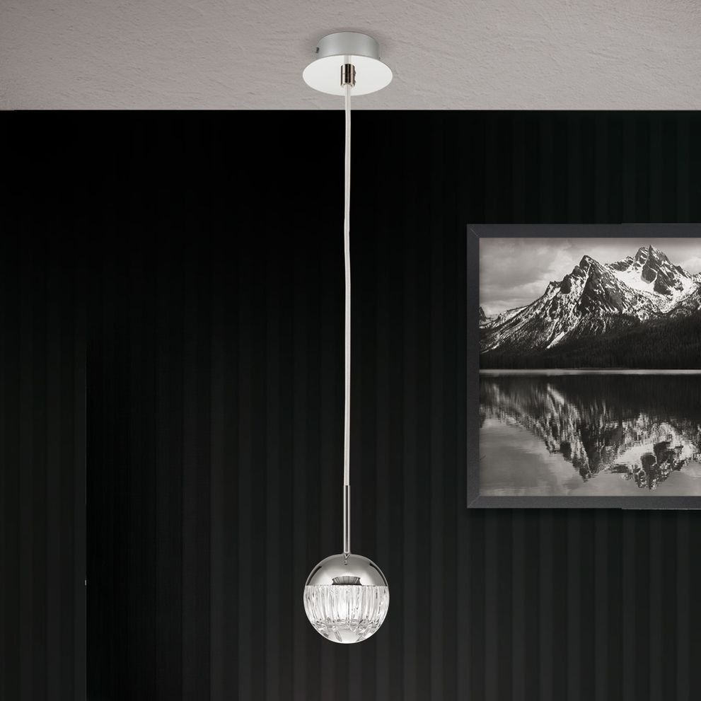 Round pendant lamp BALL, nickel, with clear crystal glass in line cut