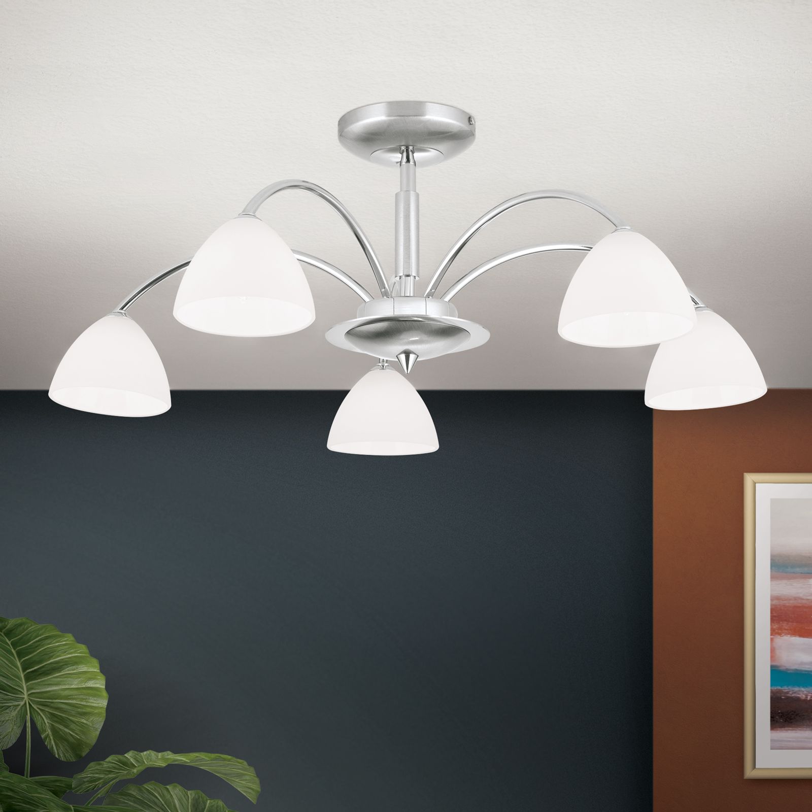 OPALDESIGN ceiling light, 5 lamps, satin chrome with opal glasses