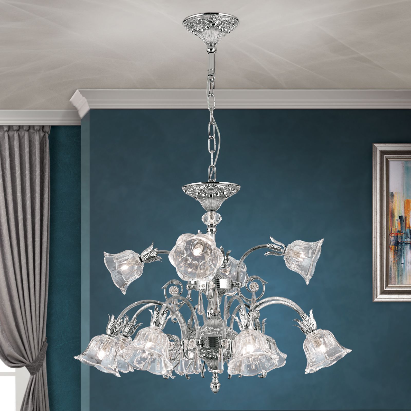 Chandelier LA BOHEME, 12 lamps, antique silver finish