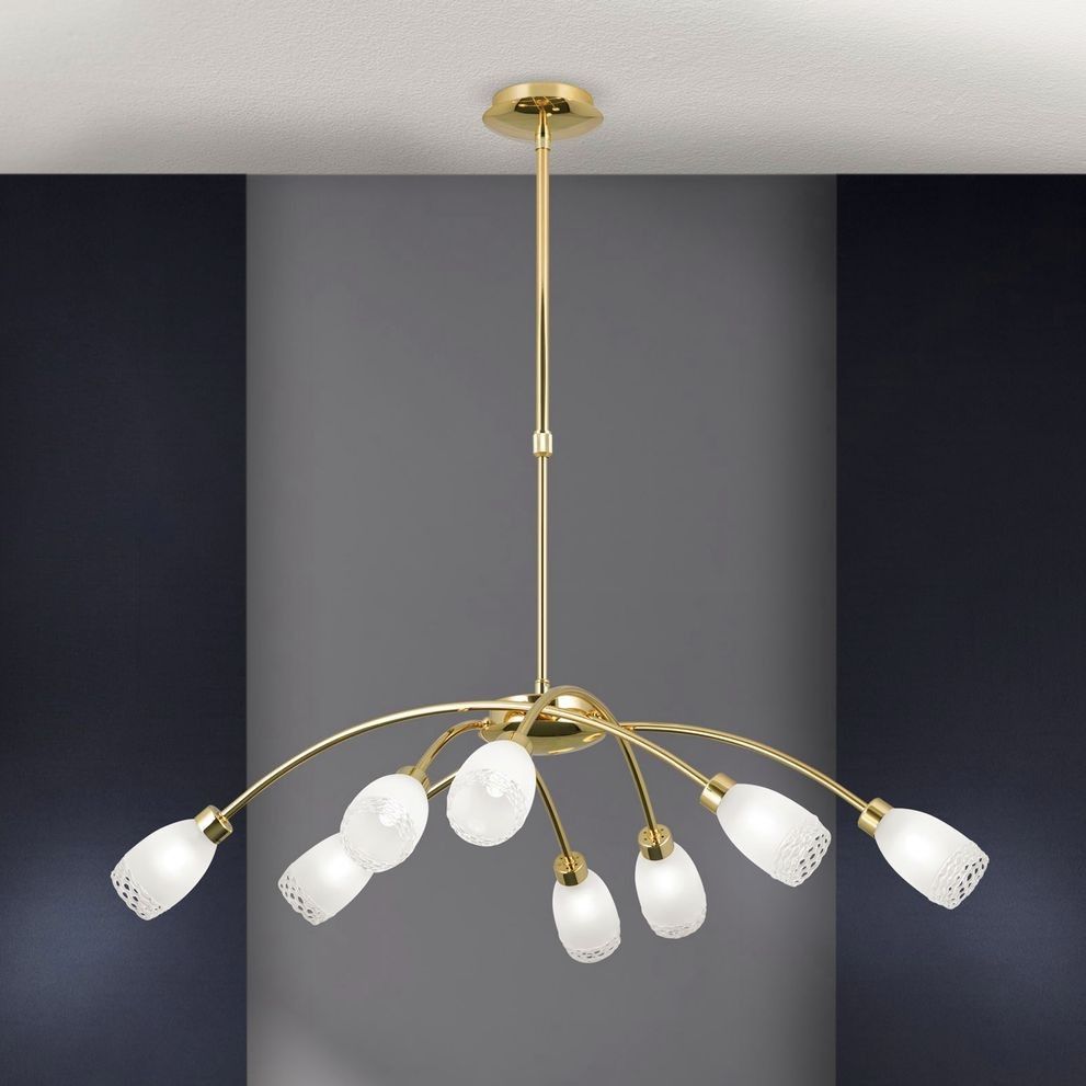 Chandelier CARLA, 8-flames, shiny brass with satin diffused glasses