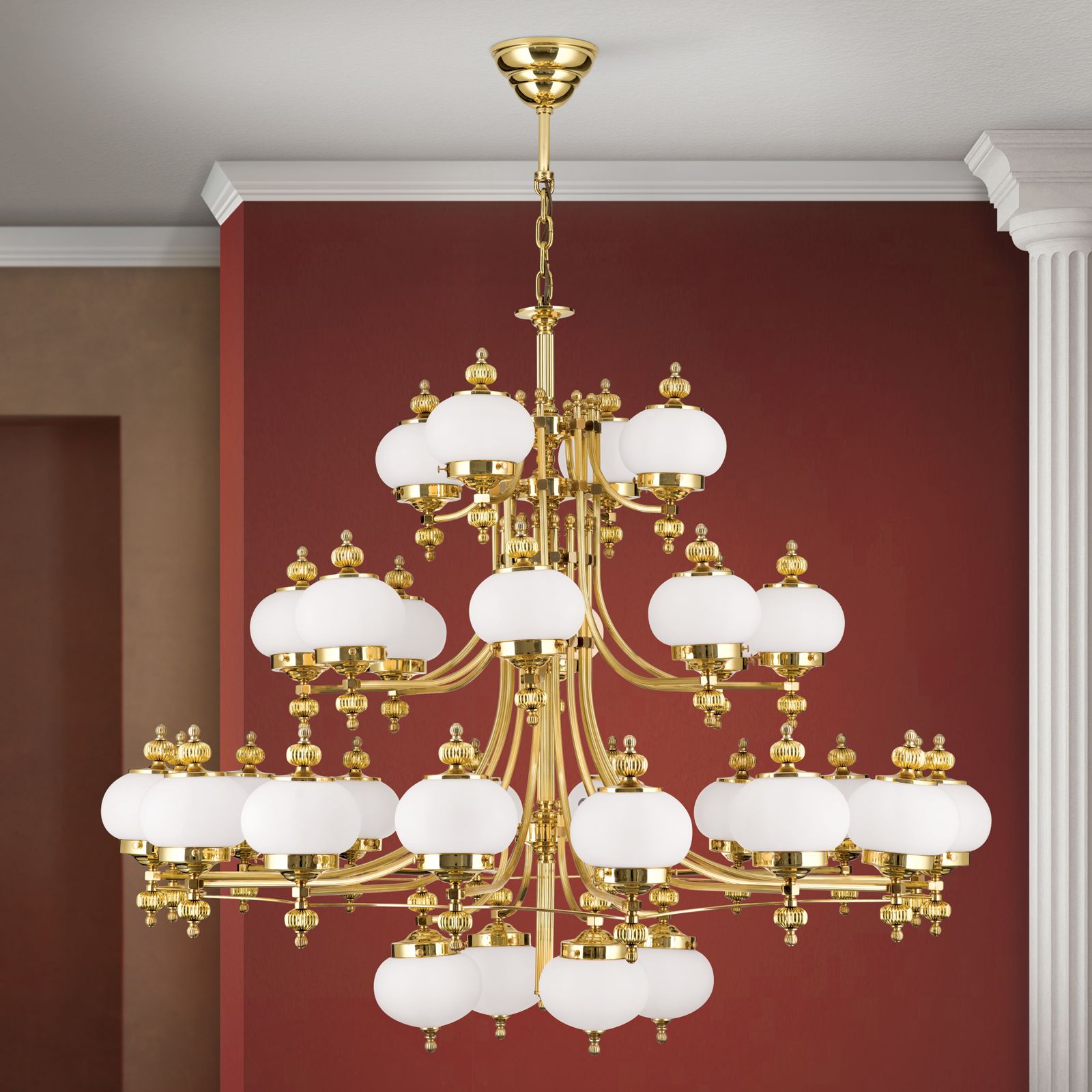 Chandelier WIENER NOSTALGIE, 32-flames, shiny brass, with opal matt glass, upwards