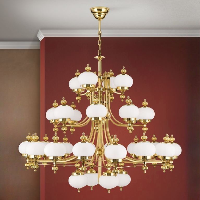 Chandelier WIENER NOSTALGIE, 32-flames, shiny brass, with opal matt glass, upwards