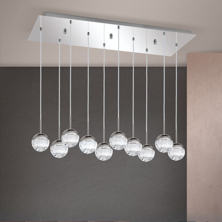 Rectangular pendant lamp BALL, nickel, with silver textile cable and clear line-cut crystal glass
