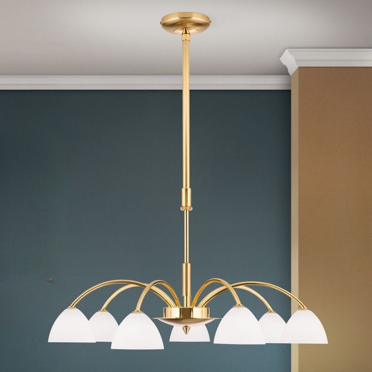 Luster OPALDESIGN, 7-flammig, Gold-matt, mit Opalgläsern