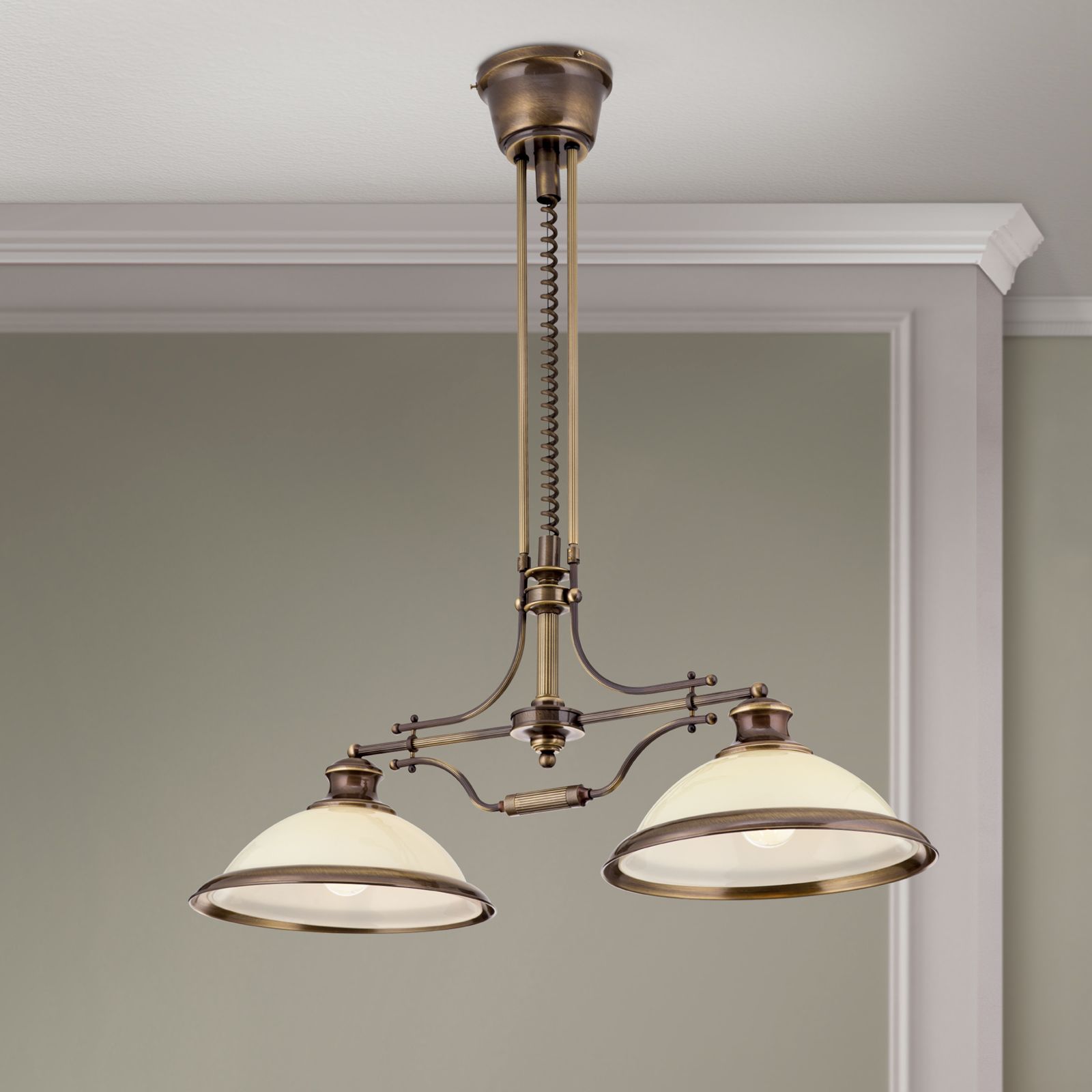 Luster AUSTRIAN OLD LAMP, 2-flammig, patina, mit champagnen Gläsern, mit Zug