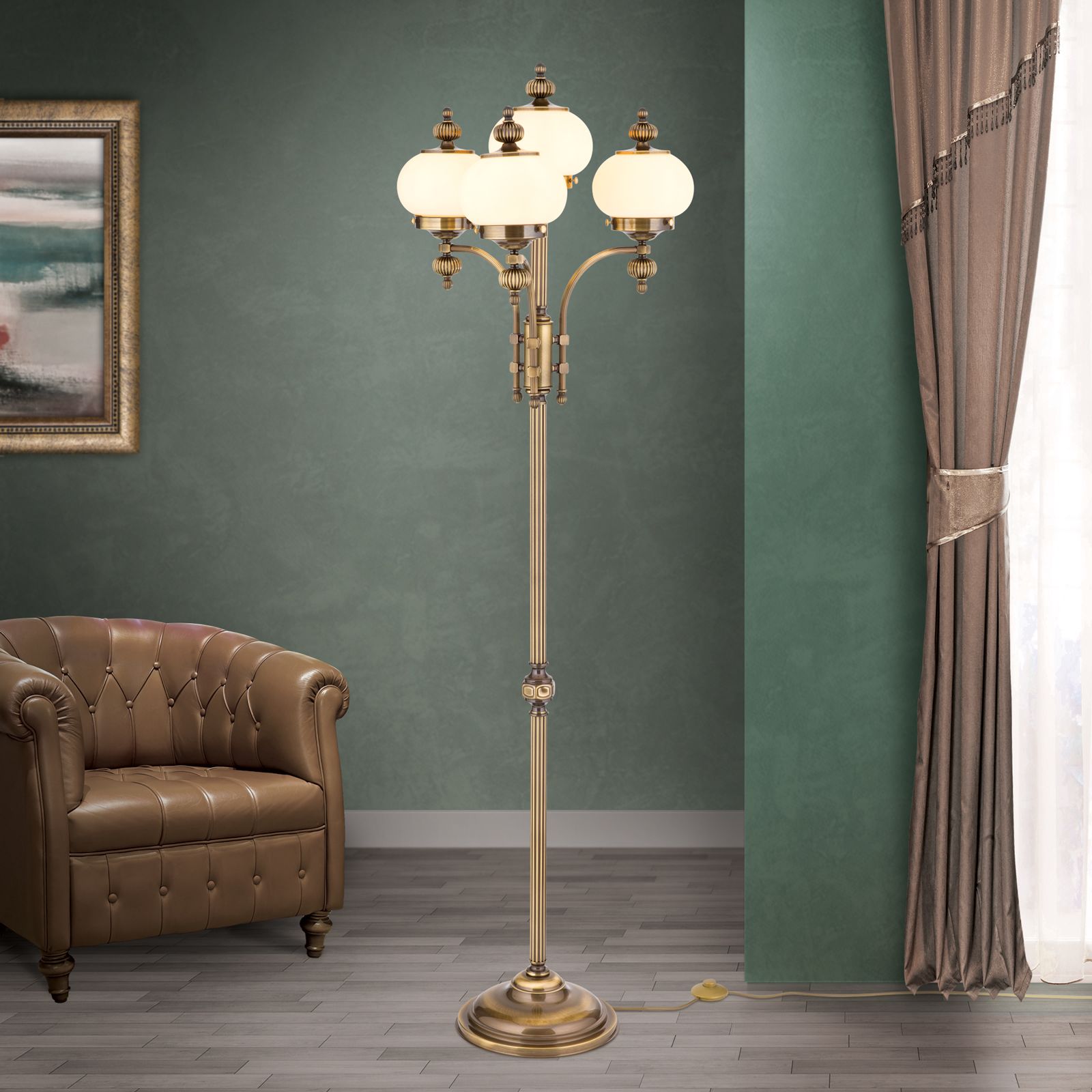 Stehlampe WIENER NOSTALGIE, 4-flammig, patina, mit champagne matten Gläsern