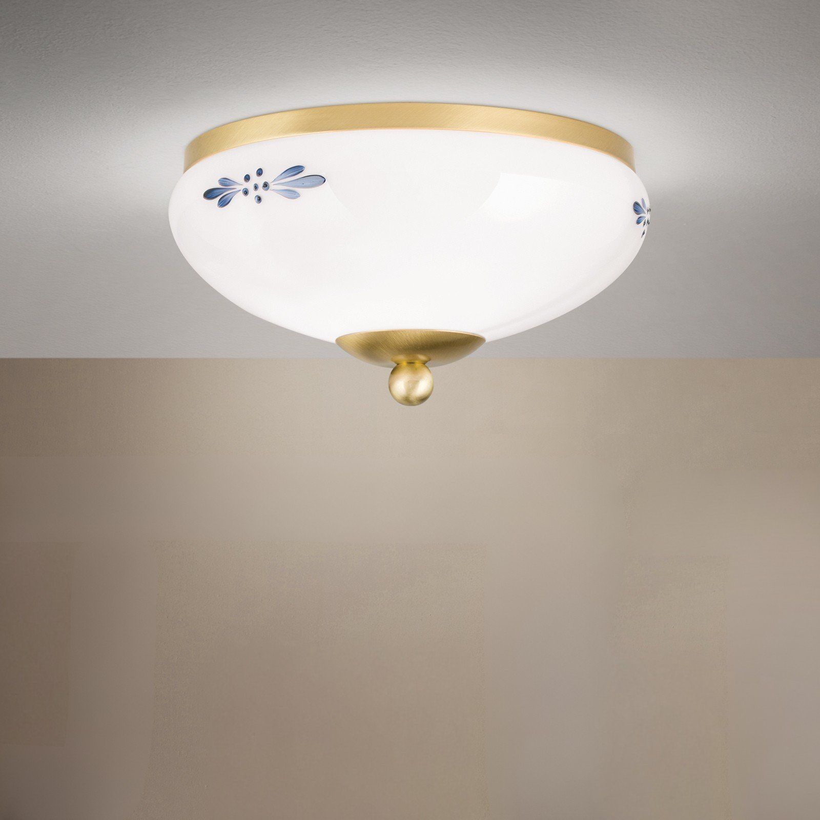 Stropní svítidlo LANDHAUS, mosaz, s modrým dekorem, s knoflíkem, Ø 21cm