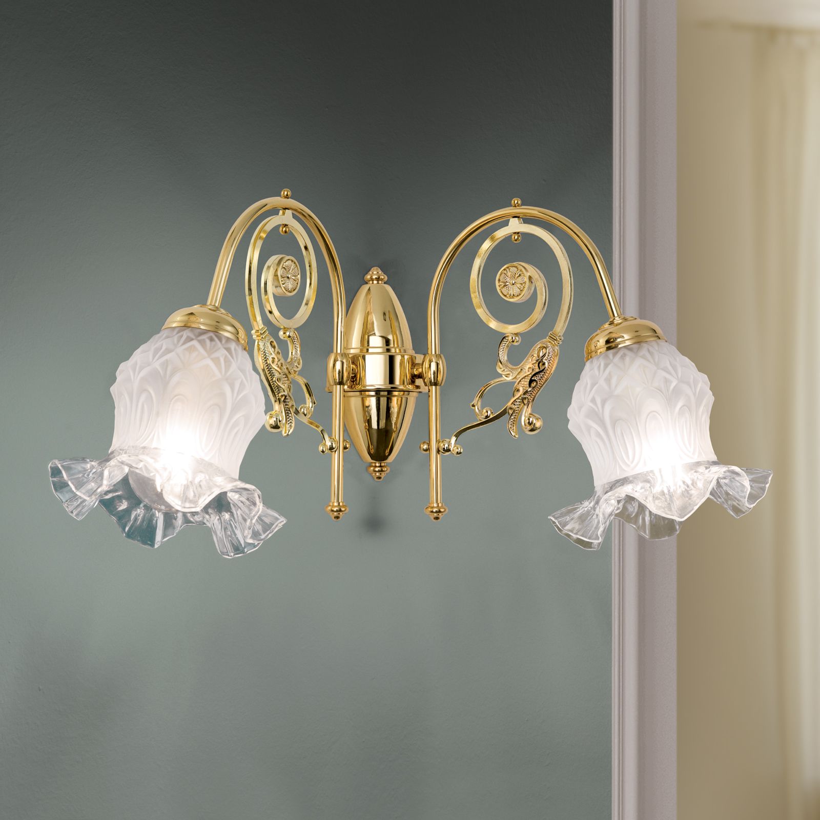 Ddouble wall light RINGSTRASSE, shiny brass finish with decorated glass
