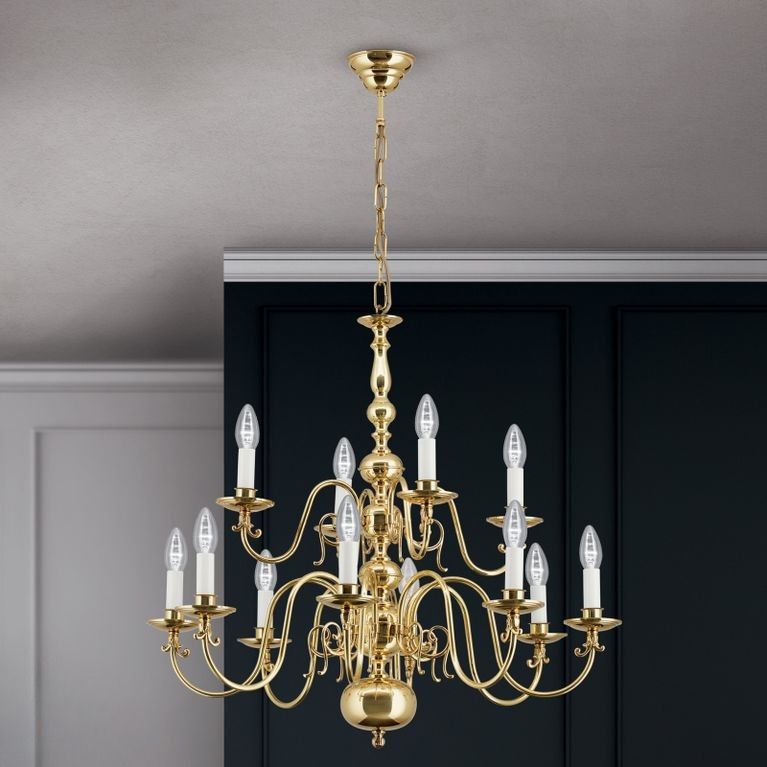 Lustr ve FLÄMISCH stylu, 12 plamenů, lesklá mosaz