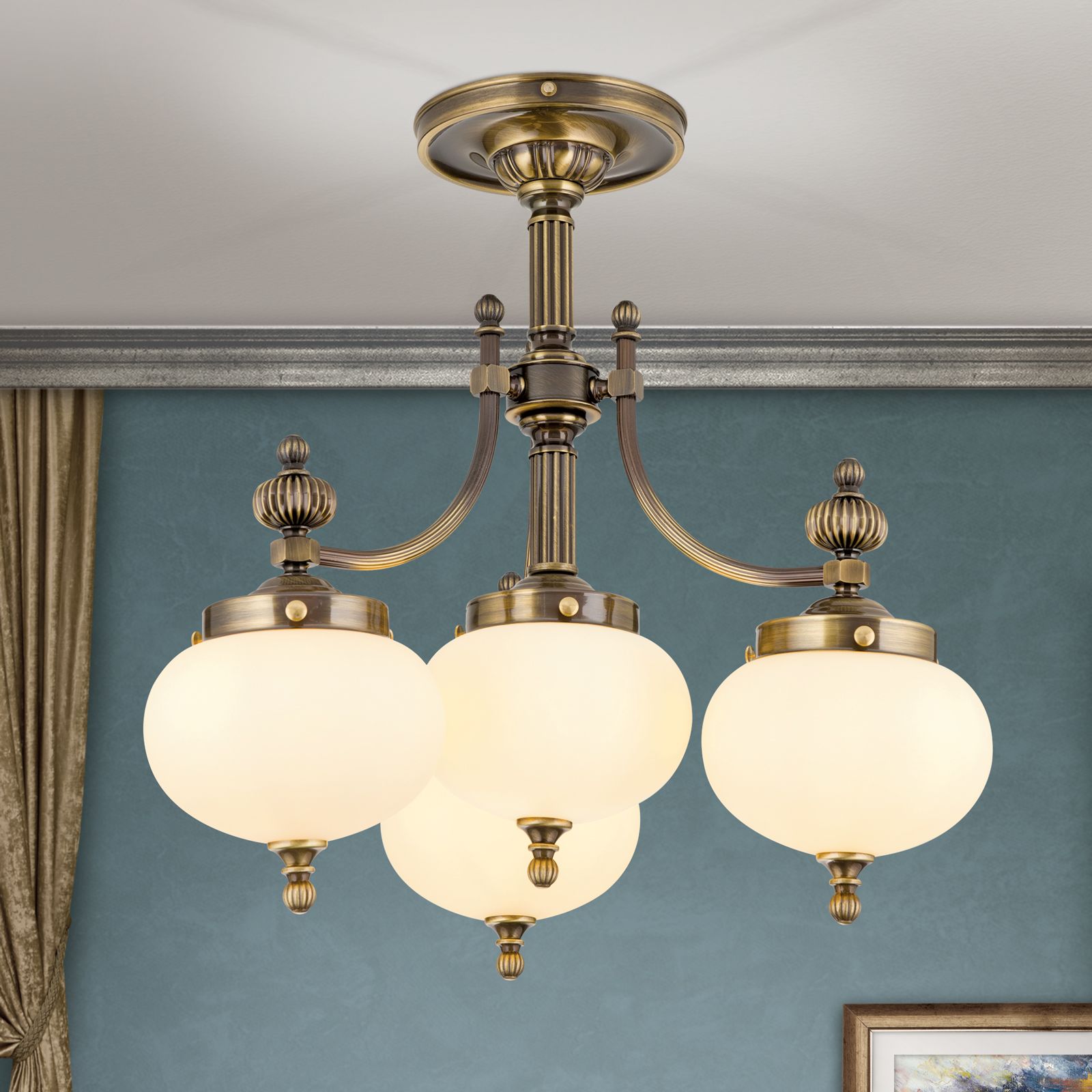 Deckenluster WIENER NOSTALGIE, 3+1-flammig, patina, mit champagne matten Gläsern