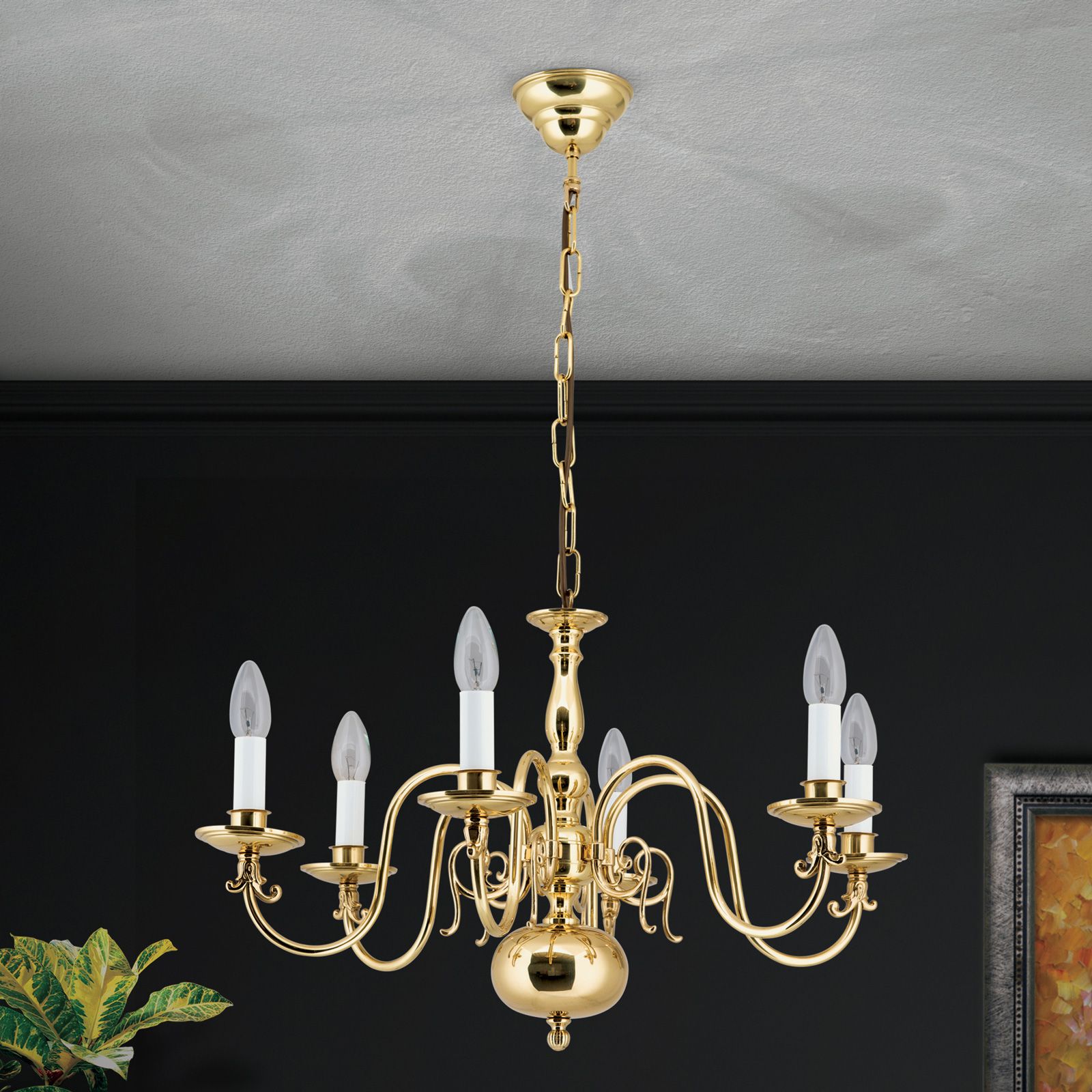 Flemish chandelier, 6 lamps, Shiny Brass finish