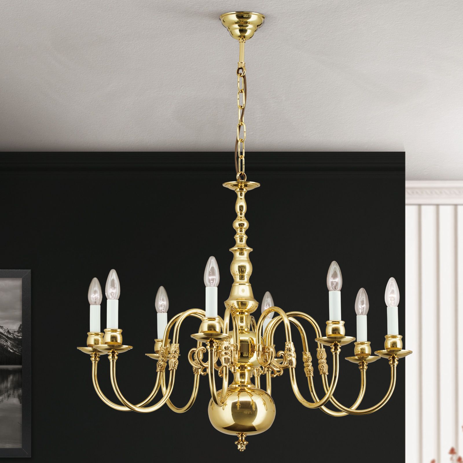 Chandelier FLÄMISCH, 8-flames, shiny brass, without eagle
