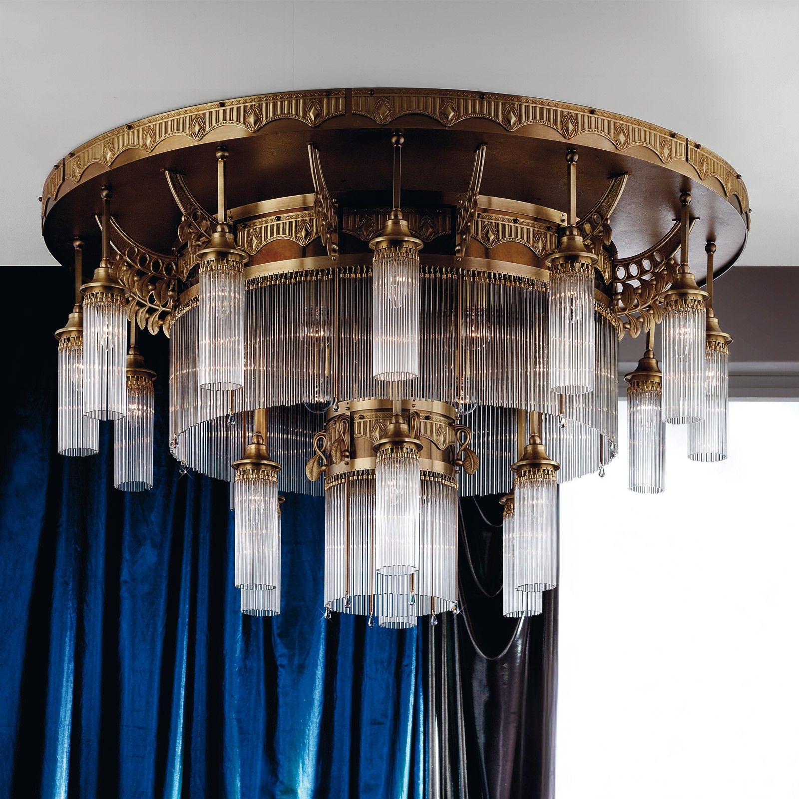 Ceiling chandelier ADELE, 25-flamps, antique brass, with glass rods